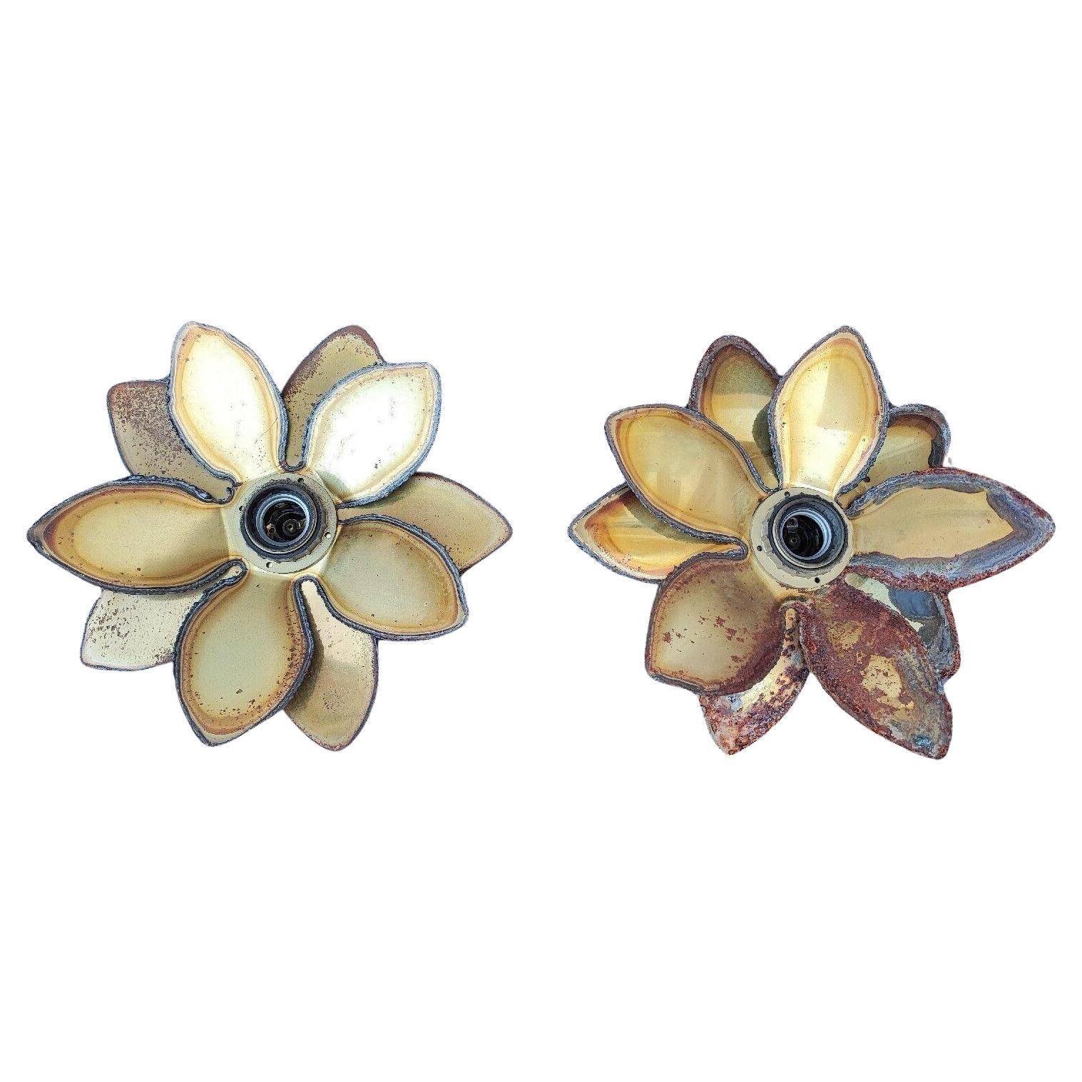 Pair 1950s French Mid Century ModernBrutalist Metalwork Flower Form Wall Sconces