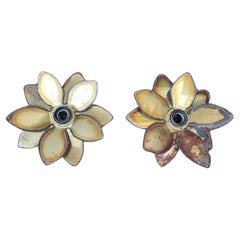 Pair 1950s French Mid Century ModernBrutalist Metalwork Flower Form Wall Sconces