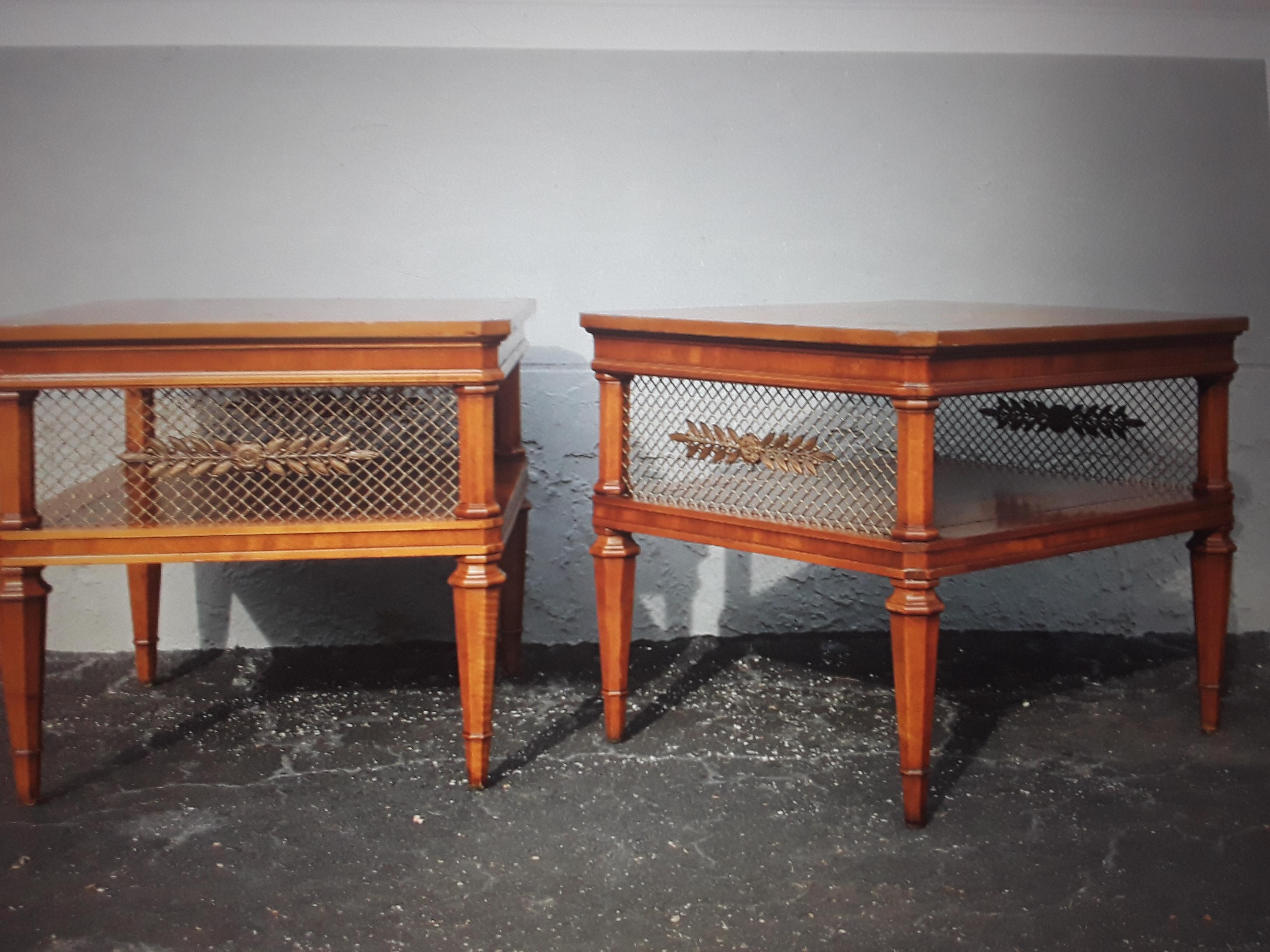 Pair 1950's French Provincial Walnut  / Brass Lattice End/ Side Tables For Sale 6