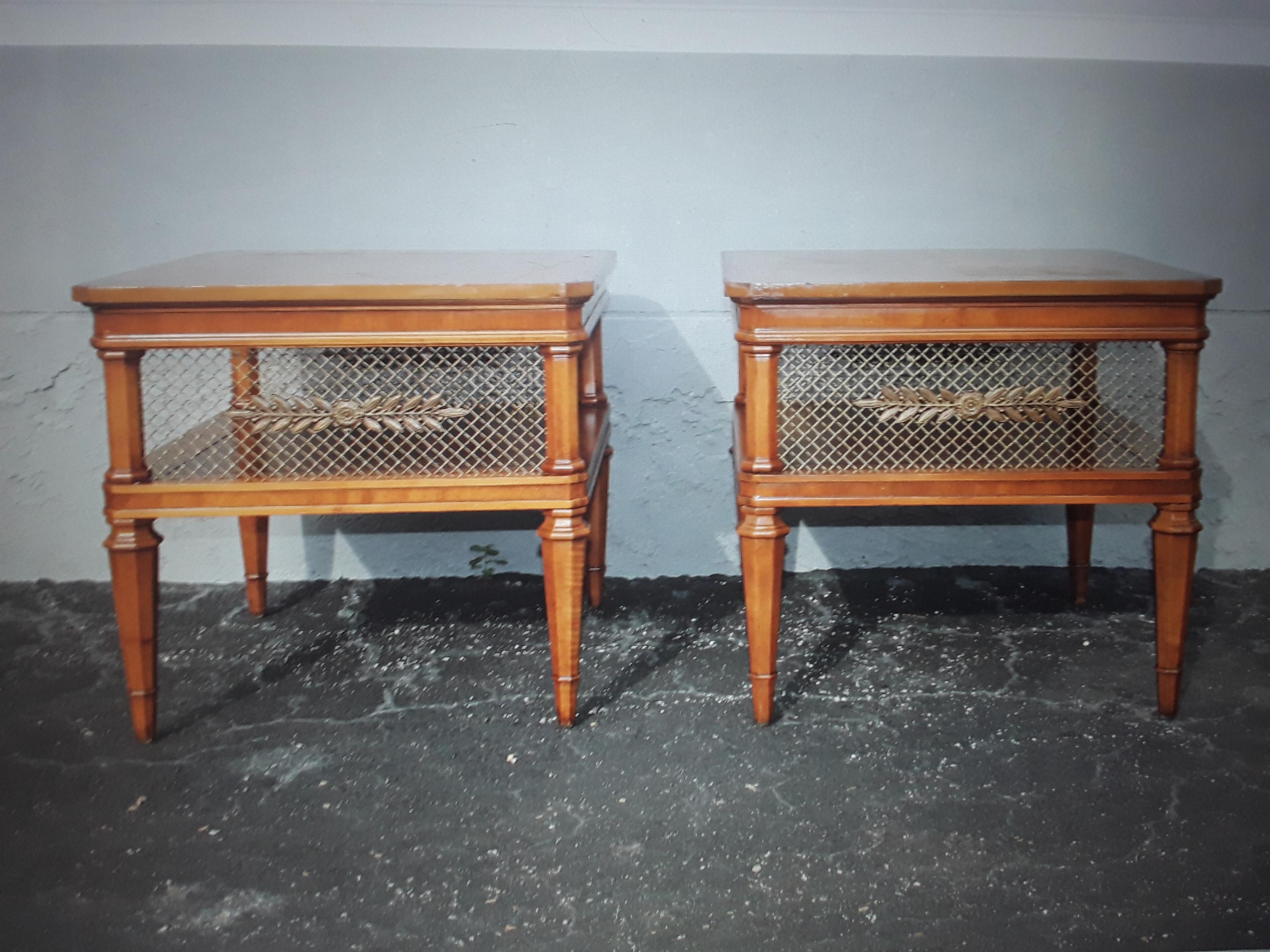 Pair 1950's French Provincial Walnut  / Brass Lattice End/ Side Tables For Sale 7