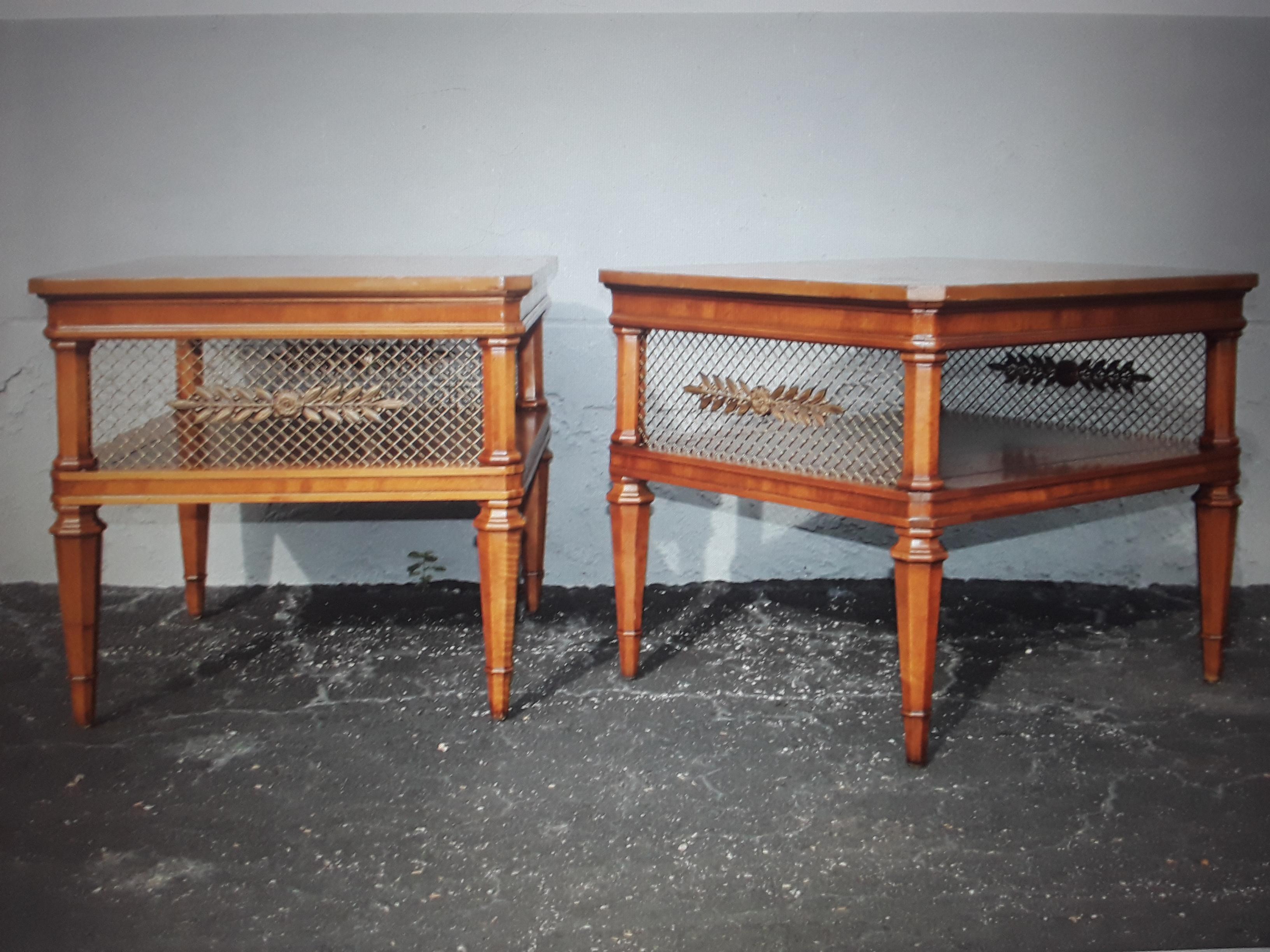 Pair 1950's French Provincial Walnut  / Brass Lattice End/ Side Tables For Sale 8