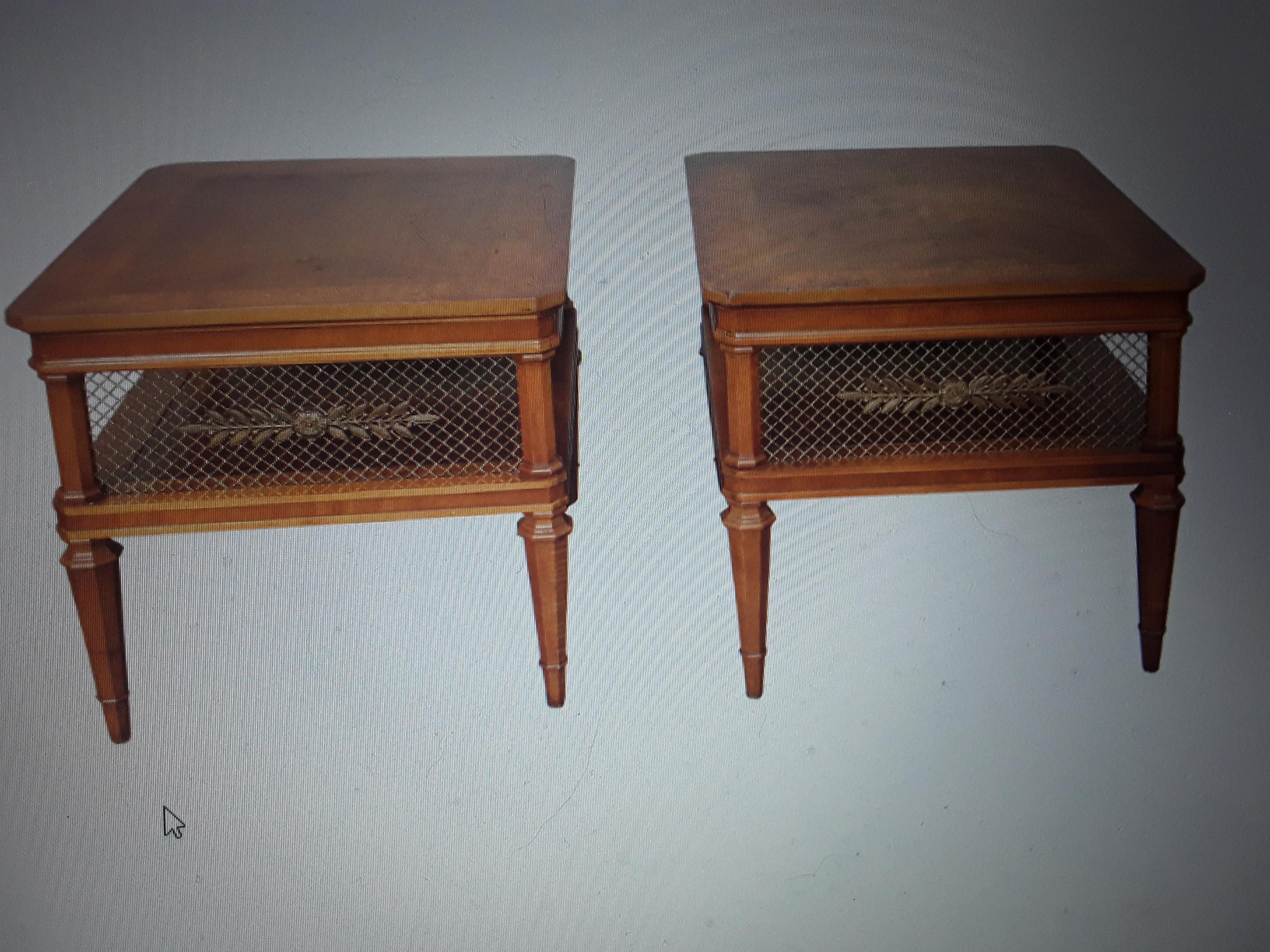 Pair 1950's French Provincial Walnut  / Brass Lattice End/ Side Tables For Sale 9