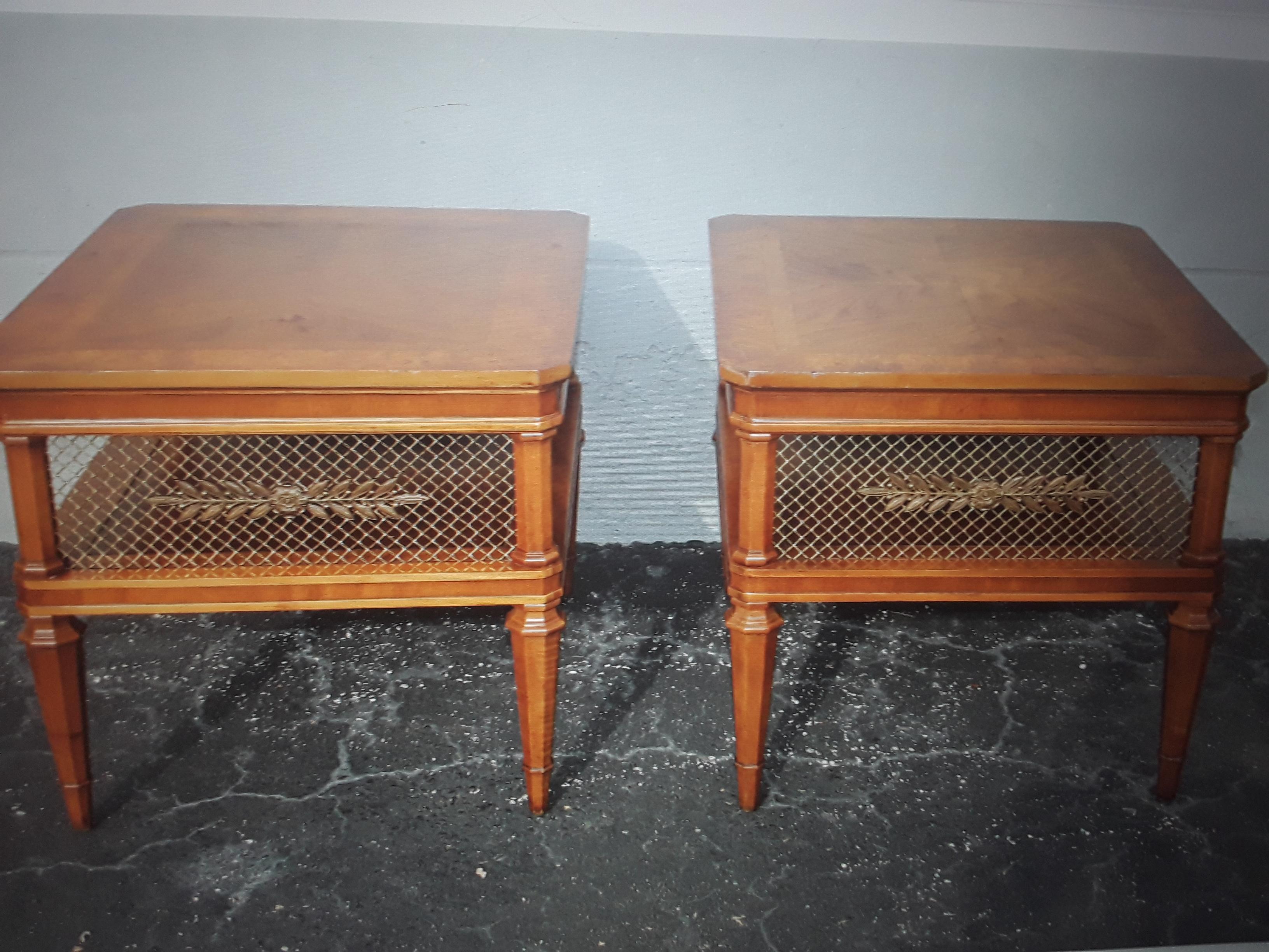 Pair 1950's French Provincial Walnut with Brass Detailed Lattice Front End/ Side Tables. These are beautiful with ope sides for storage and stunning front brass lattice.