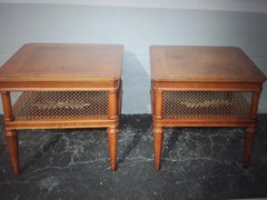 Pair 1950's French Provincial Walnut  / Brass Lattice End/ Side Tables