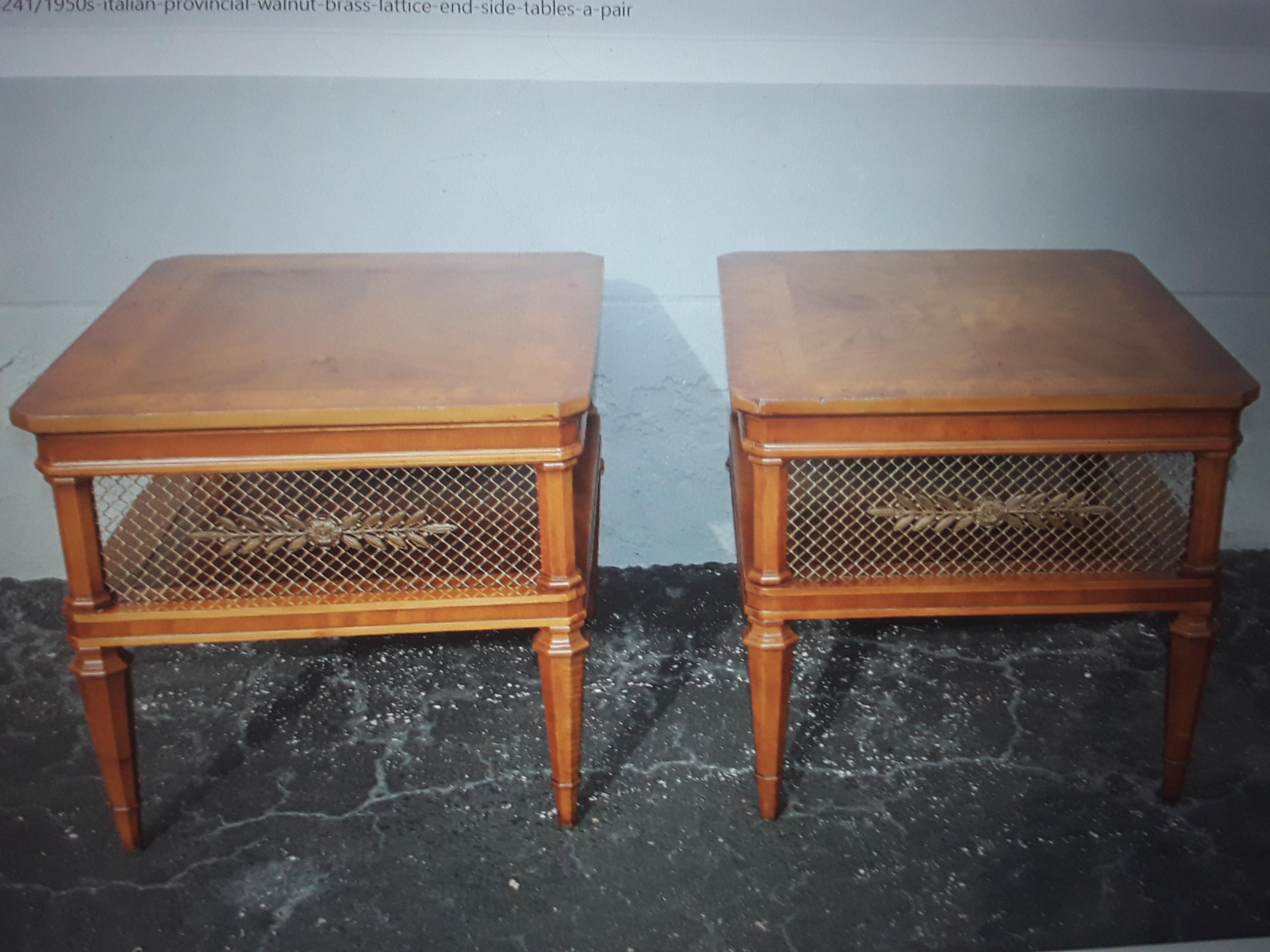 Pair 1950's French Provincial Walnut  / Brass Lattice End/ Side Tables In Good Condition For Sale In Opa Locka, FL