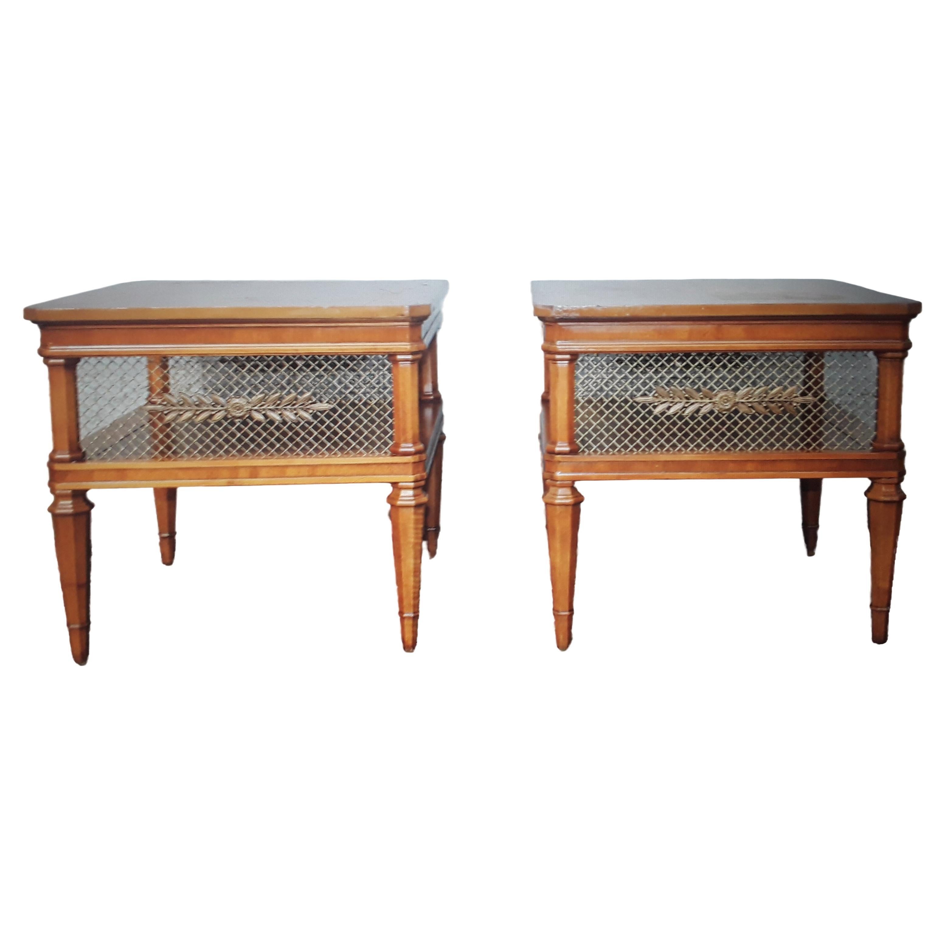 Pair 1950's French Provincial Walnut  / Brass Lattice End/ Side Tables For Sale