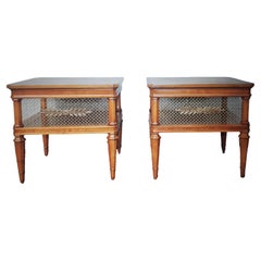 Pair 1950's French Provincial Walnut  / Brass Lattice End/ Side Tables