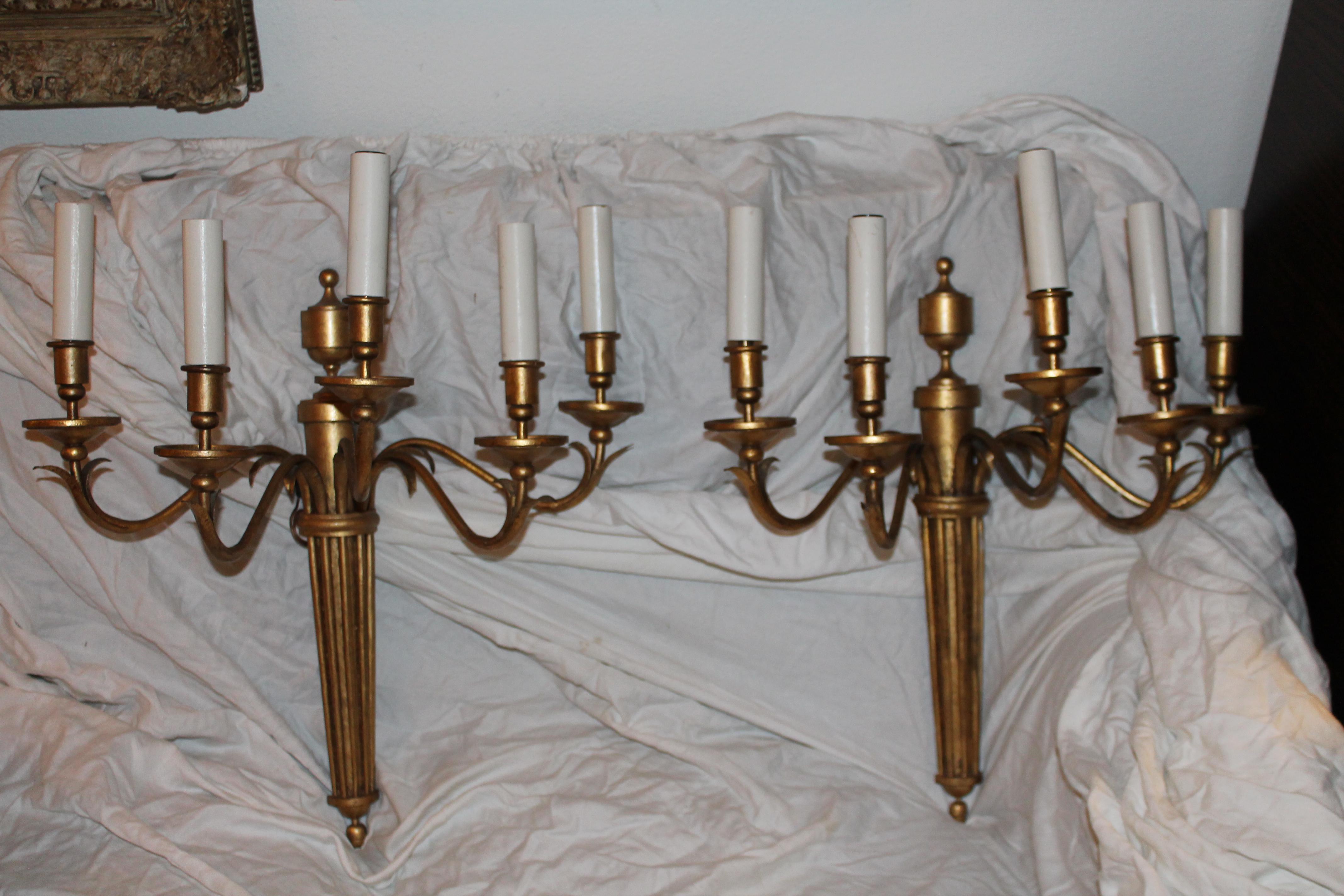 Pair French Hollywood Regency style Gilt Metal Wall Sconces. 5 Light with leaf tip detail. 