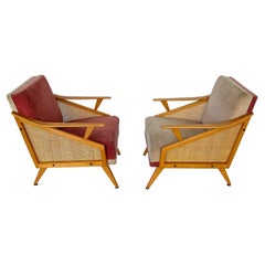 Used Pair 1950s German Beechwood Cane Panel Lounge Chairs