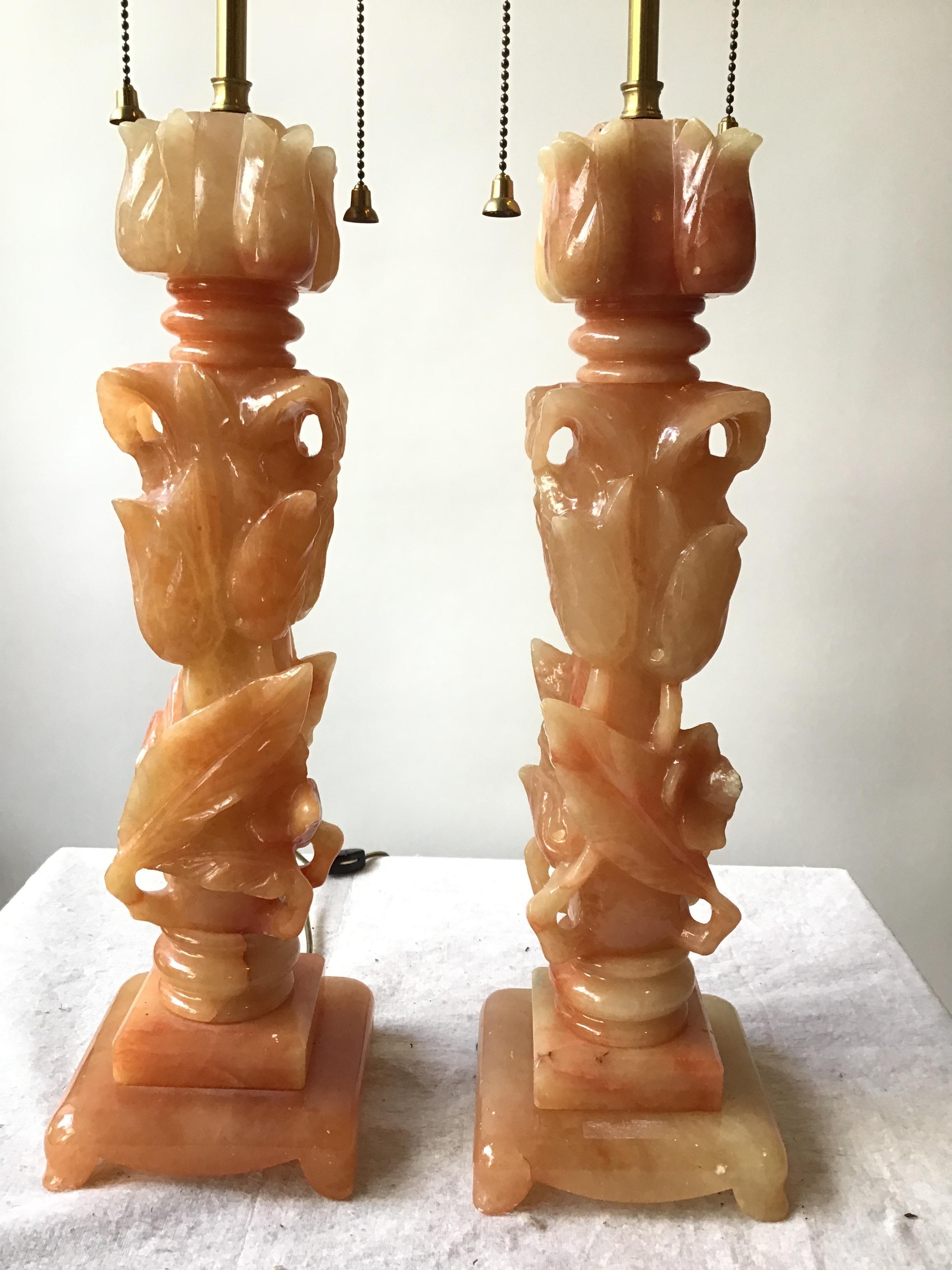 Pair of 1950s hand carved Italian alabaster Floral  lamps. Marked made in Italy.