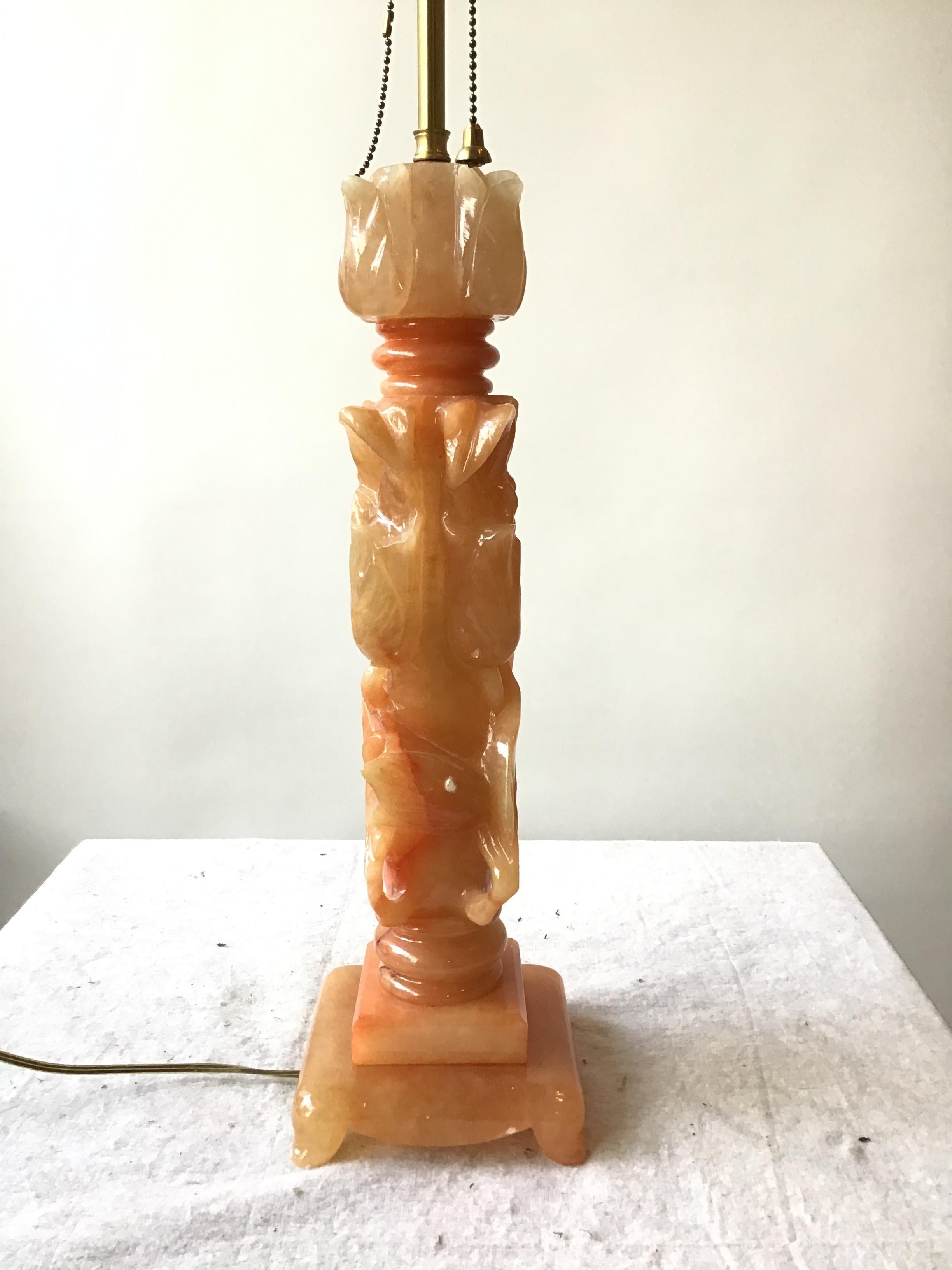 Pair 1950s Hand Carved Italian Alabaster Floral Lamps In Good Condition For Sale In Tarrytown, NY