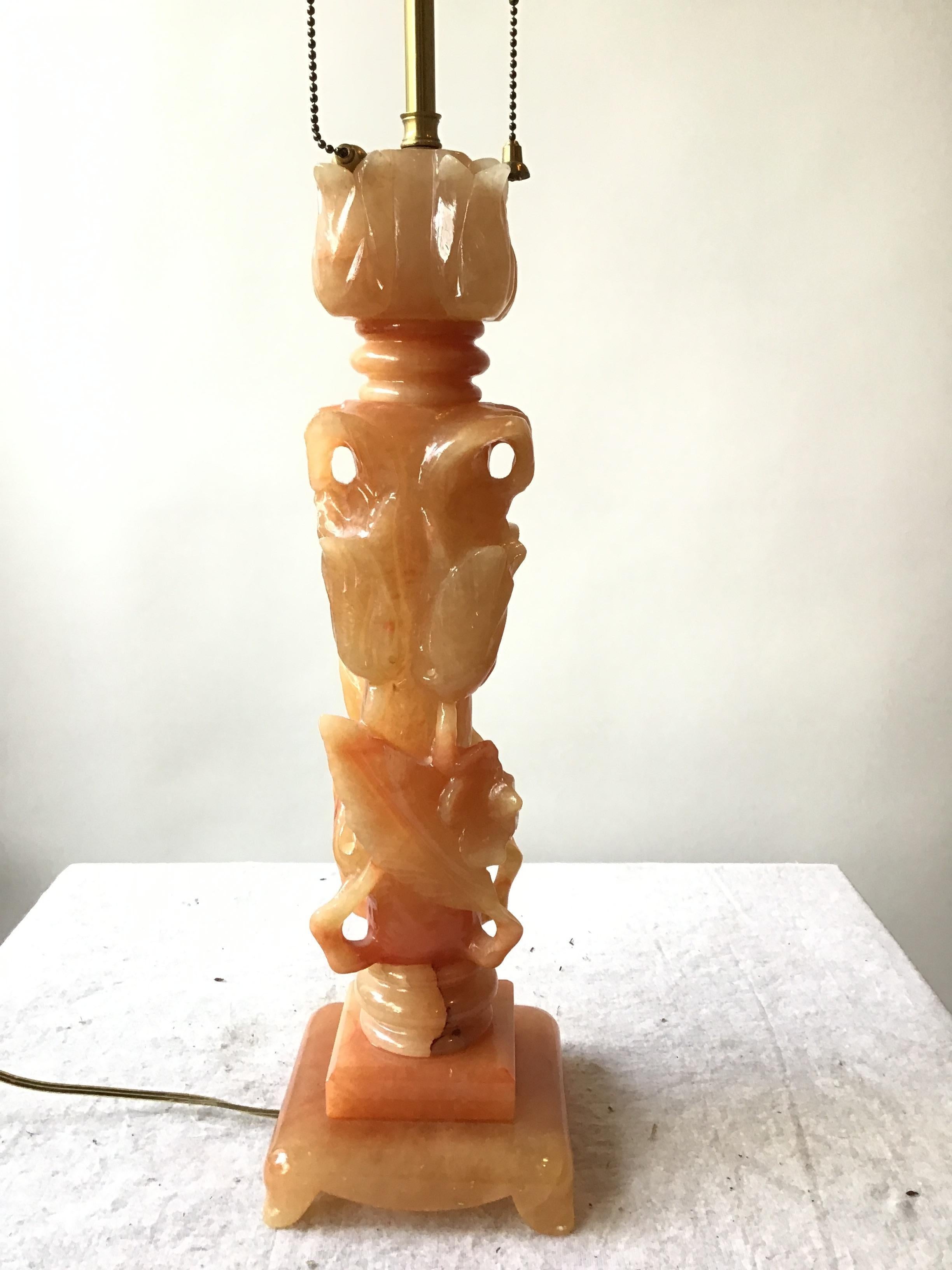 Mid-20th Century Pair 1950s Hand Carved Italian Alabaster Floral Lamps For Sale