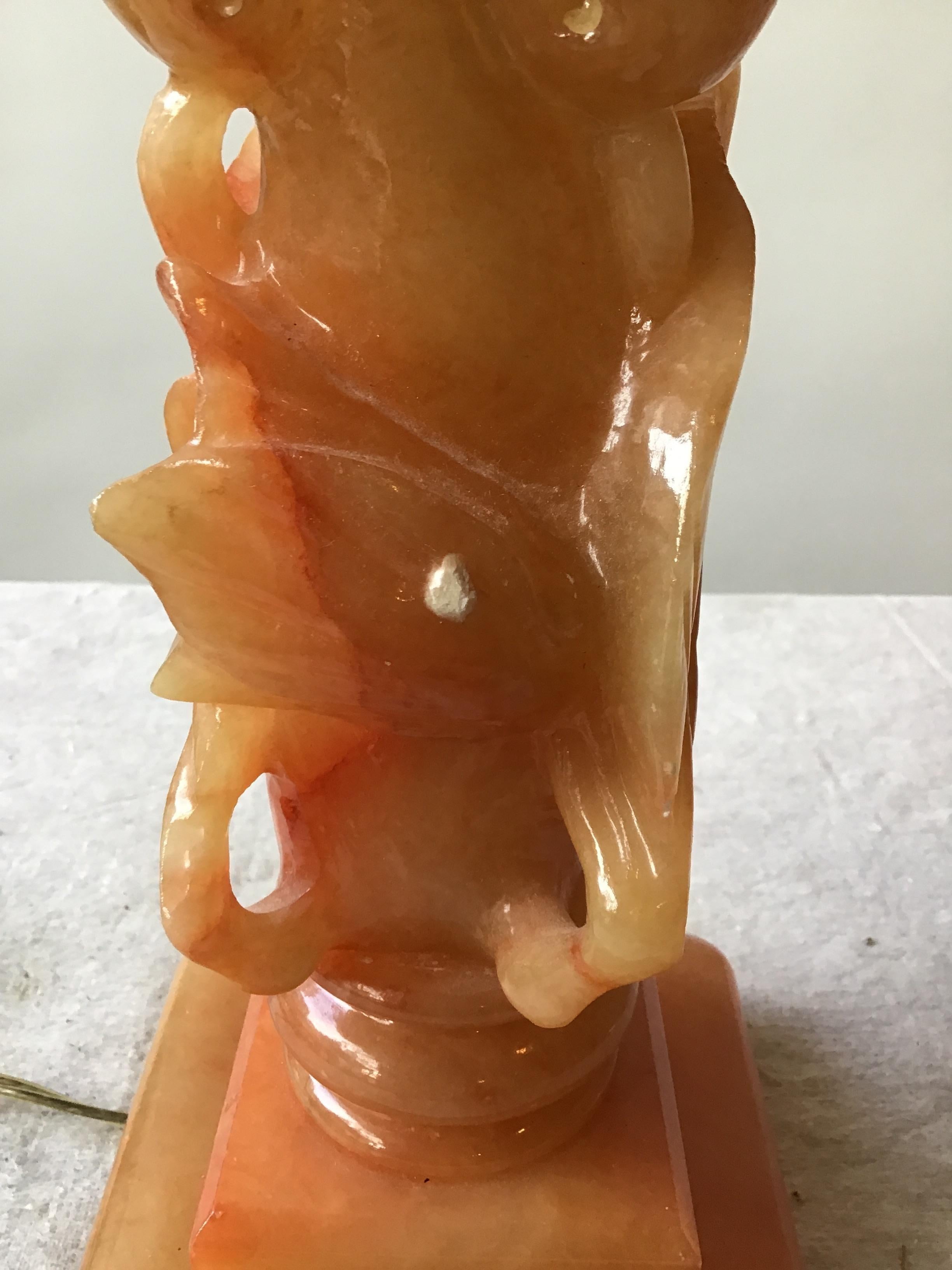 Pair 1950s Hand Carved Italian Alabaster Floral Lamps In Good Condition For Sale In Tarrytown, NY