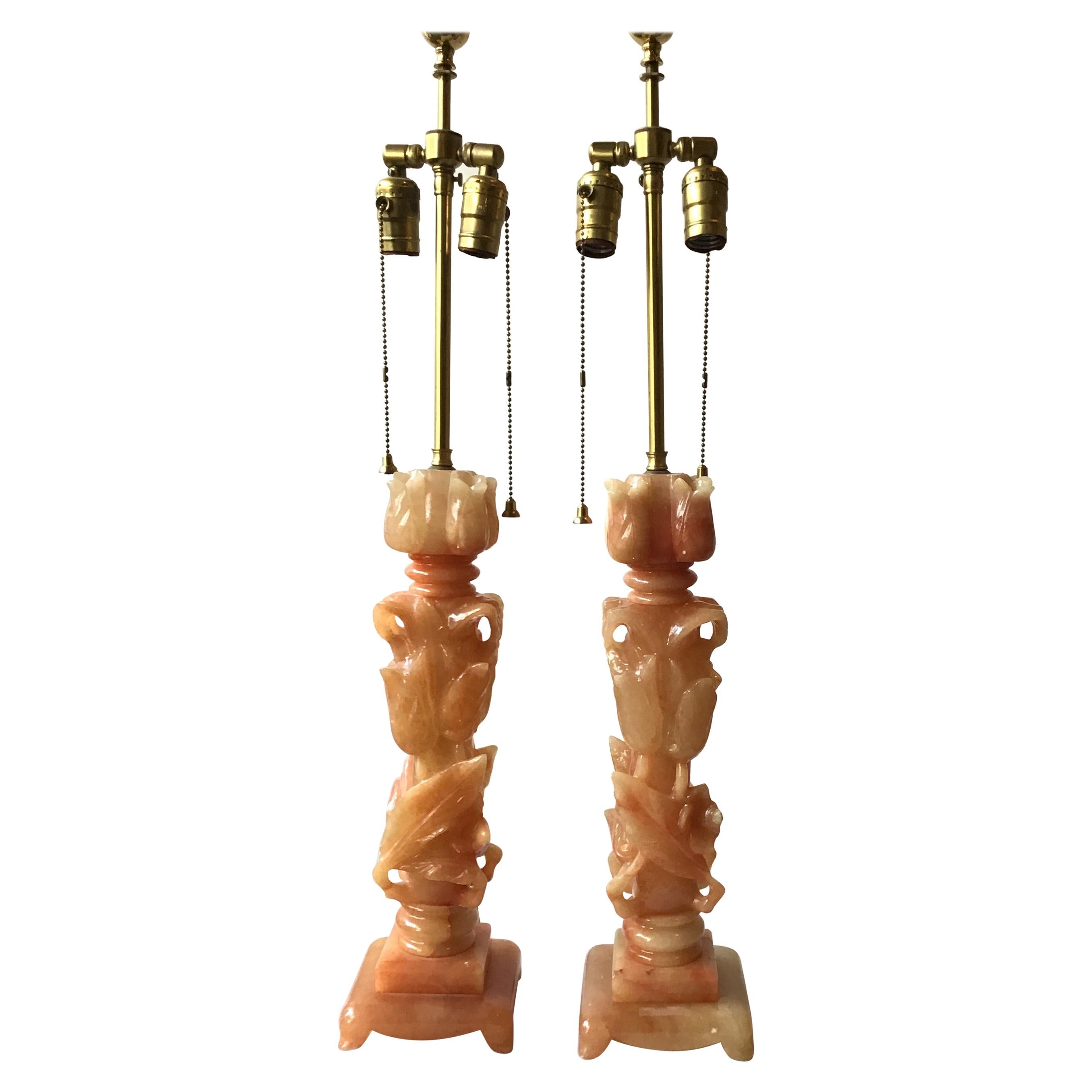 Pair 1950s Hand Carved Italian Alabaster Floral Lamps
