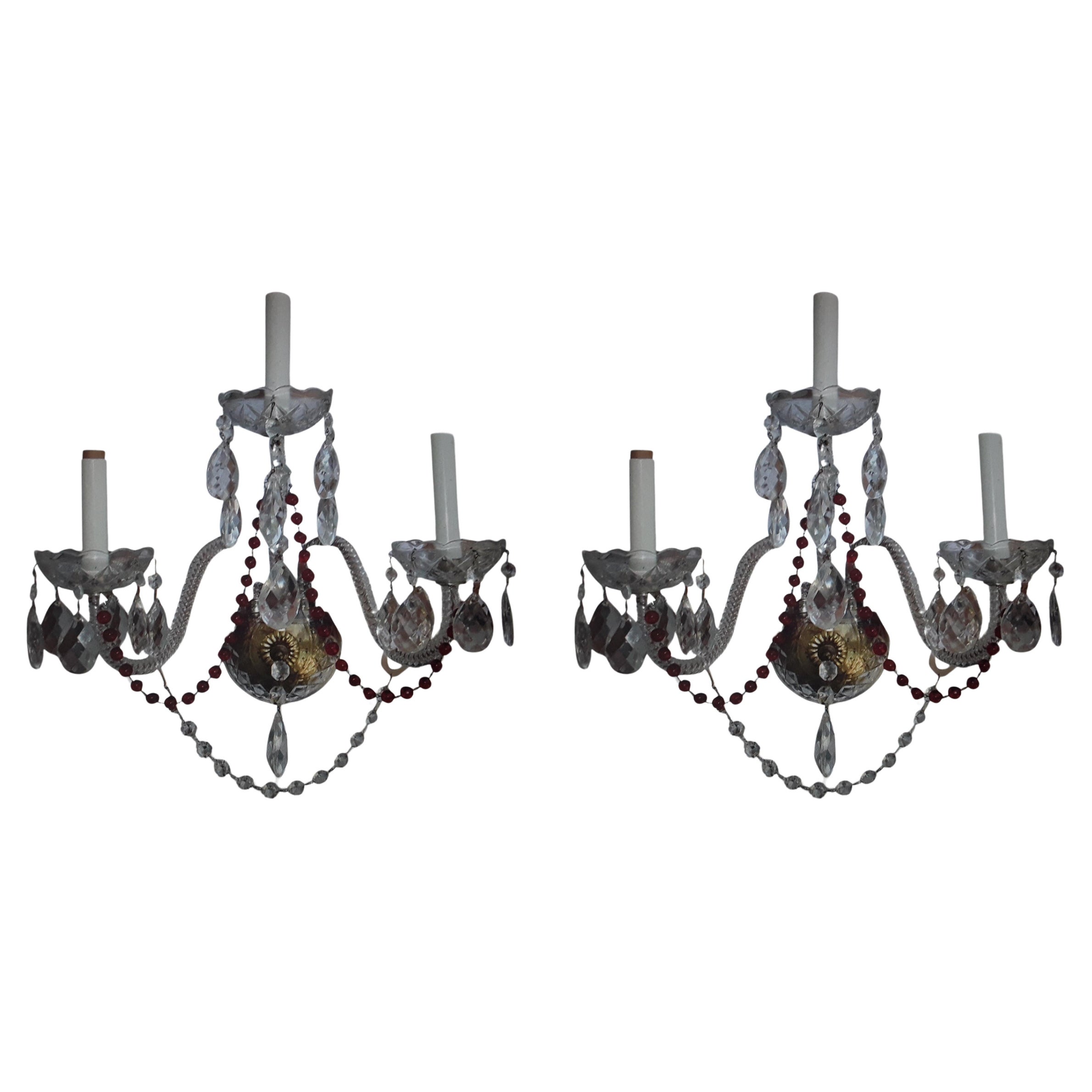 Pair 1950's Hollywood Regency Crystal Wall Sconces style Waterford/ Baccarat