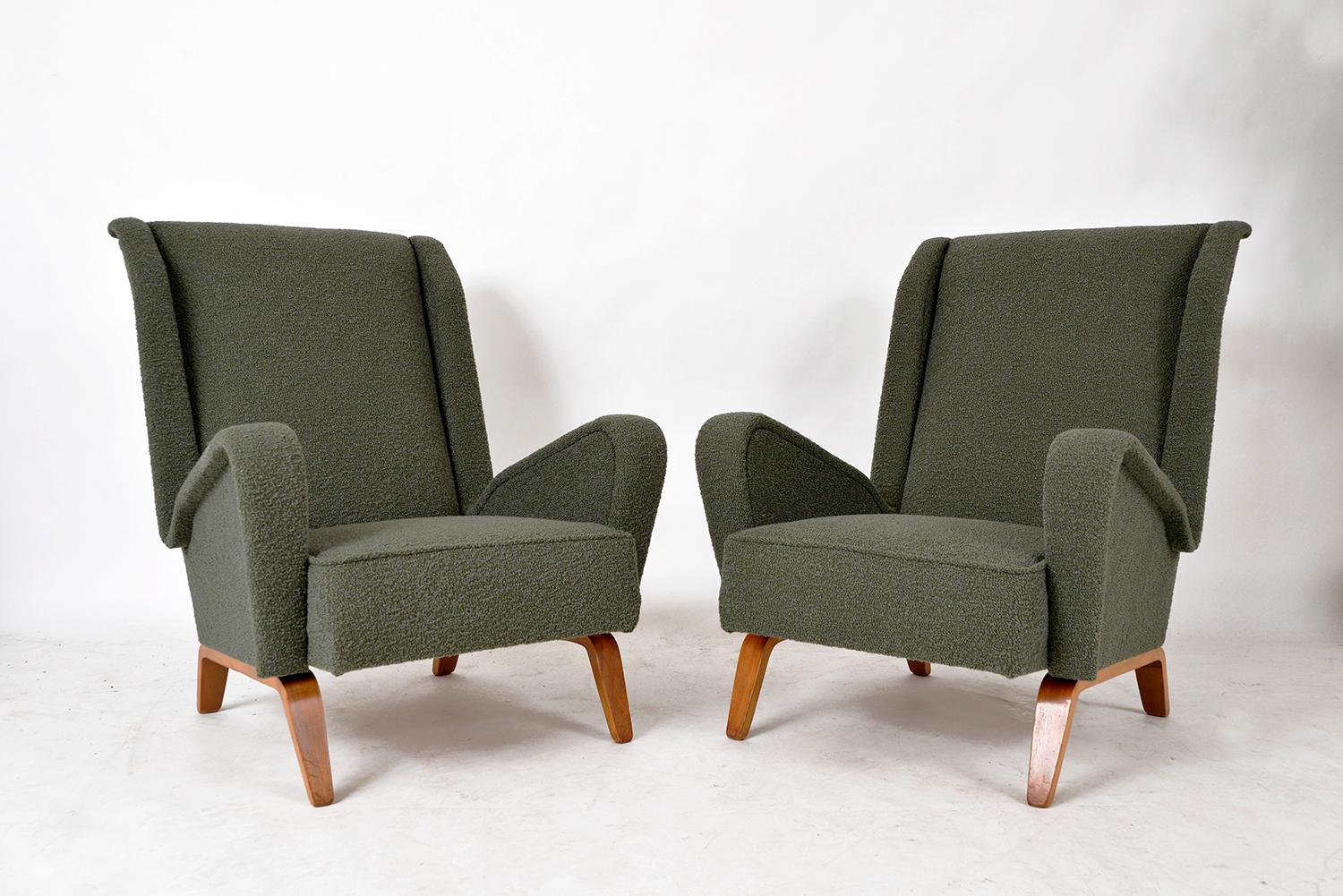 An incredibly stylish pair of 1950s armchairs on teak bentwood legs with curves in all the right places! Bought in Italy, they are very much in the style of Gio Ponti, characterized by the beautiful backrest and the geometric shape of the angled