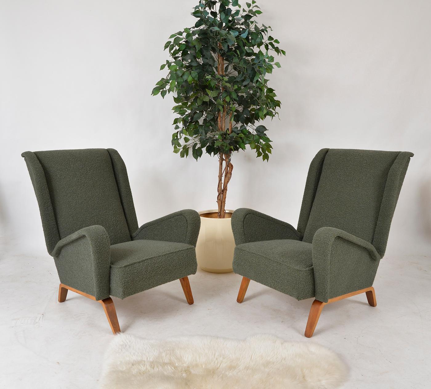 Fabric Pair 1950s Italian Armchairs Lounge Chairs ISA Bergamo Gio Ponti Style