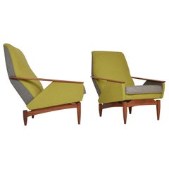 Pair 1950s Italian Upholstered Lounge Chairs Teak Midcentury Modern Ponti Style