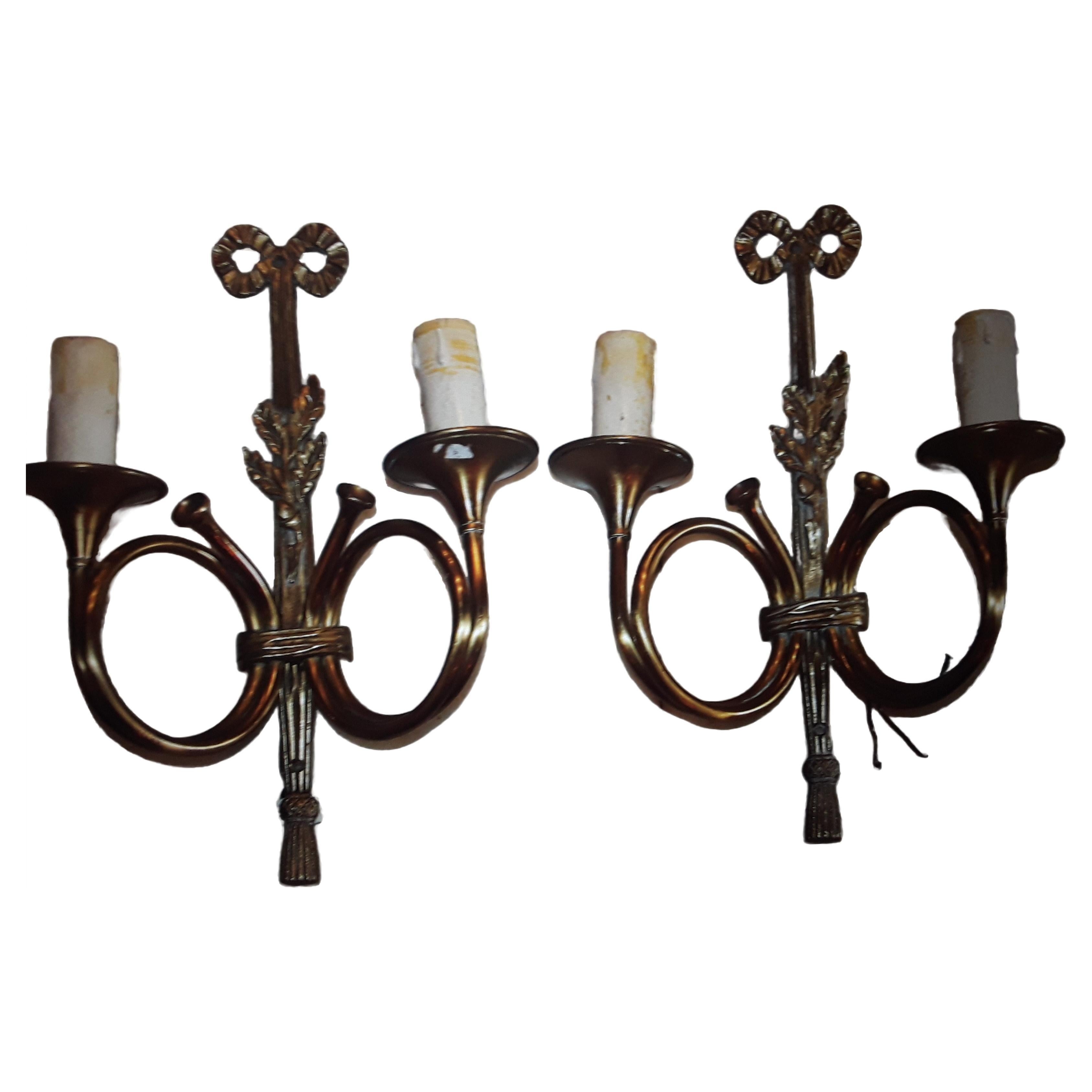 Pair 1950's MCM Maison Bagues style "Curled Horns" Dore Bronze Wall Sconces For Sale