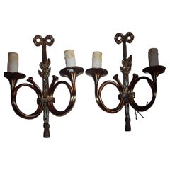 Paar 1950's MCM Maison Bagues Stil "Curled Horns" Dore Bronze Wandleuchter