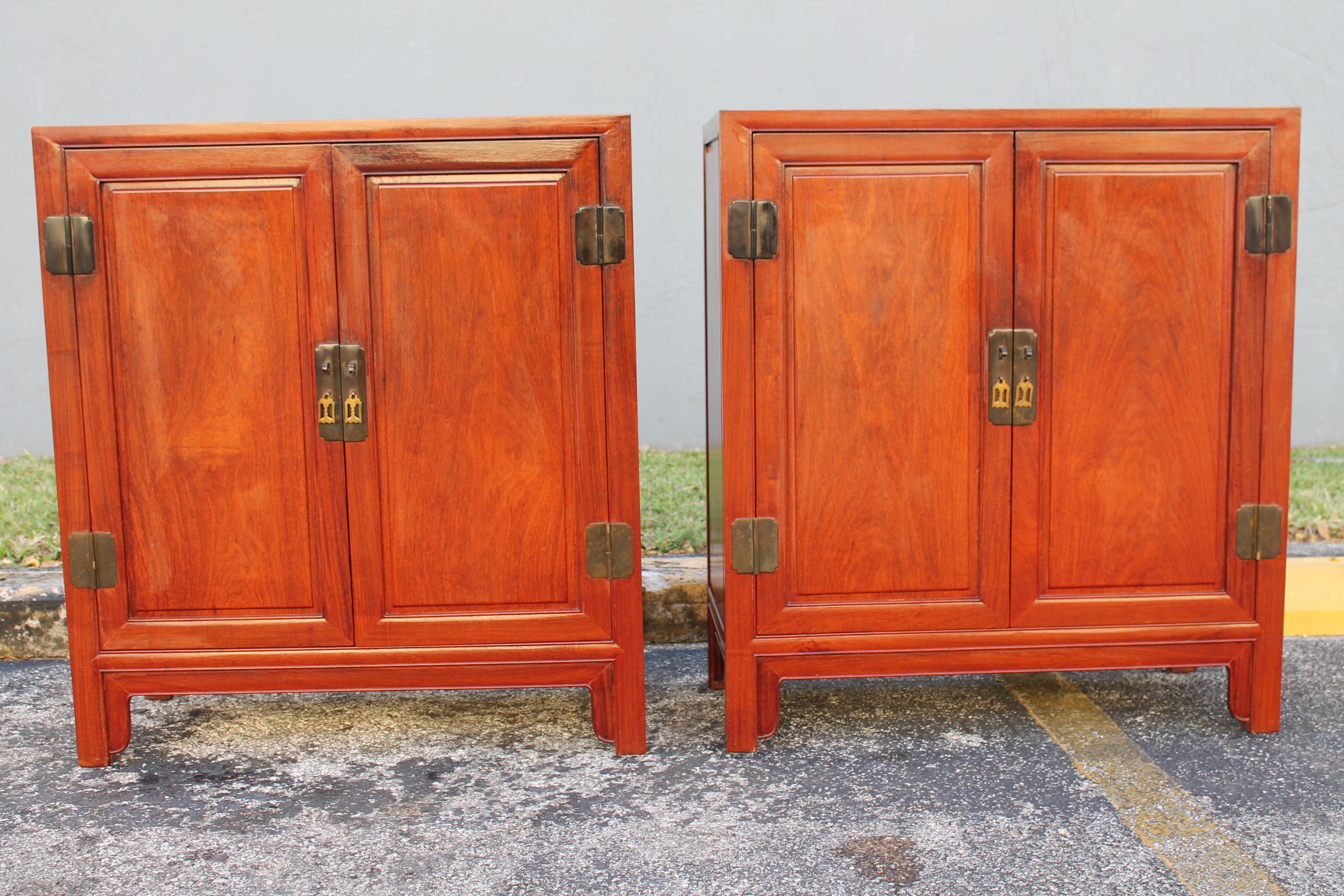Pair Mid Century Modern Large Bachelors Chests/ Night Stands. Beautiful brass hardware. Opens to reveal a full bank of drawers. Great elegant storage.