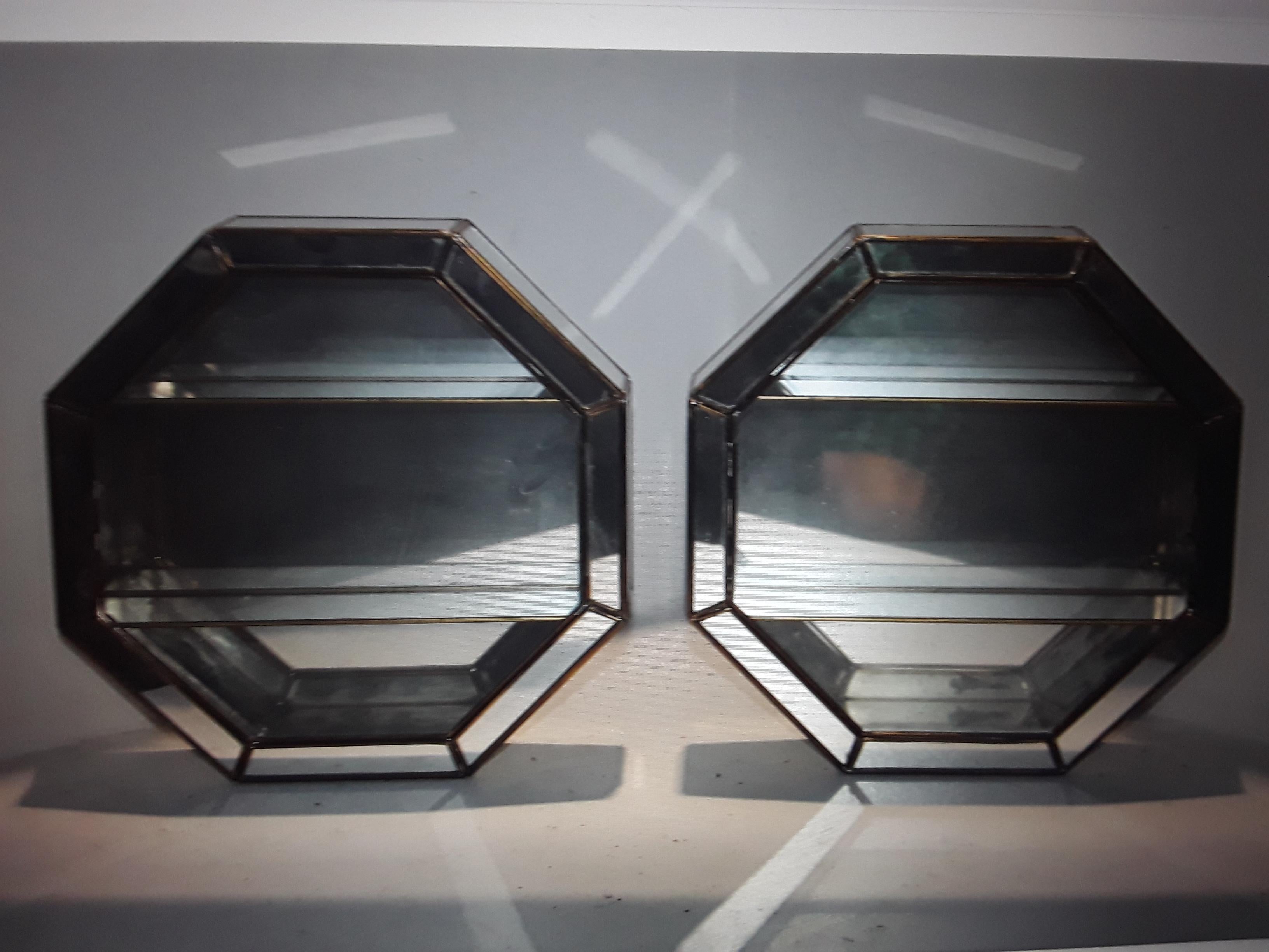 Very Unique Pair of Mid Century Modern Fully Mirrored Trinket Box Wall Mirrors. You open the door and there is shelving.; Great for ldisplaying oved collectibles. 