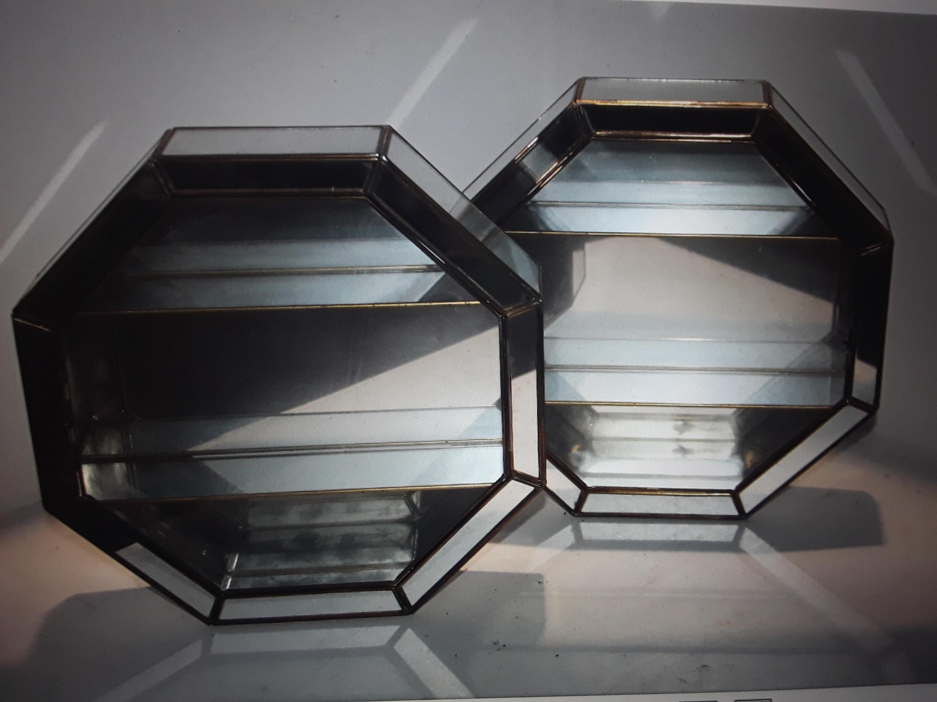 Pair 1950s Mid Century Modern Fully Mirrored Trinket Box Wall Mirrors w/ Shelves For Sale 2