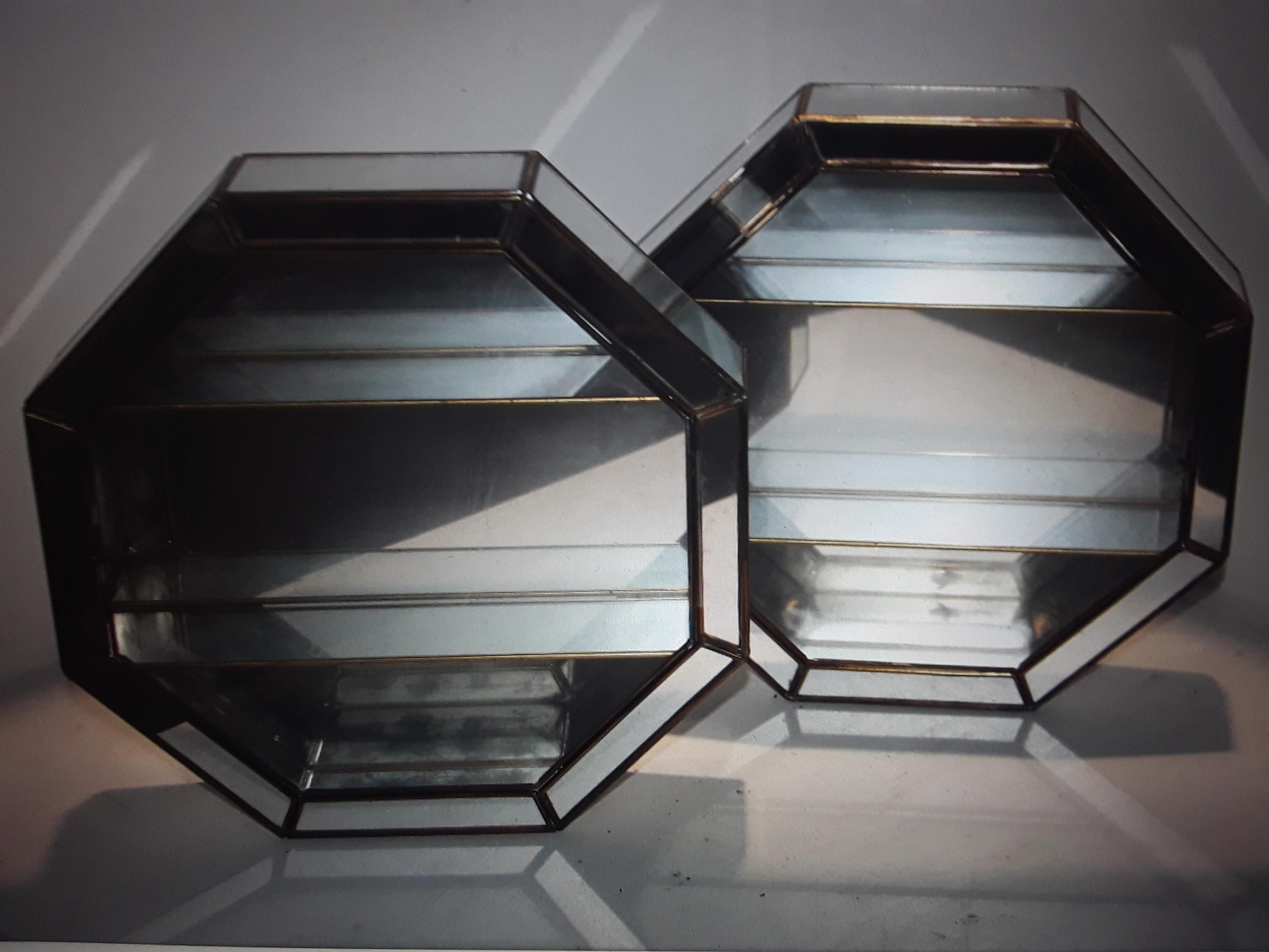 Pair 1950s Mid Century Modern Fully Mirrored Trinket Box Wall Mirrors w/ Shelves For Sale 3