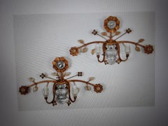 Pair 1950's Mid Century Modern Gilt Steel Wall Floral Sconces by Maison Bagues