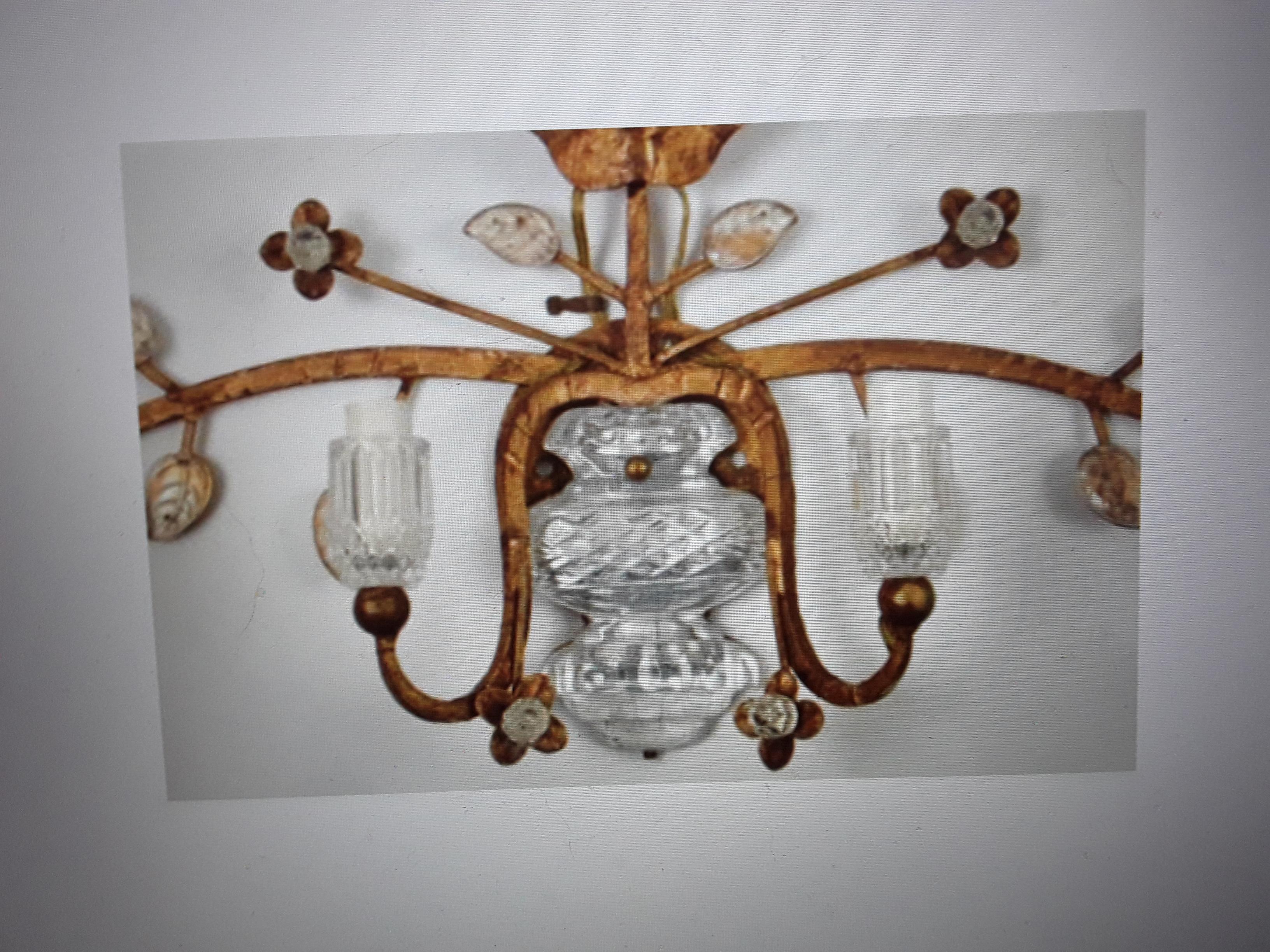 French Pair 1950's Mid Century Modern Gilt Steel Wall Floral Sconces by Maison Bagues For Sale