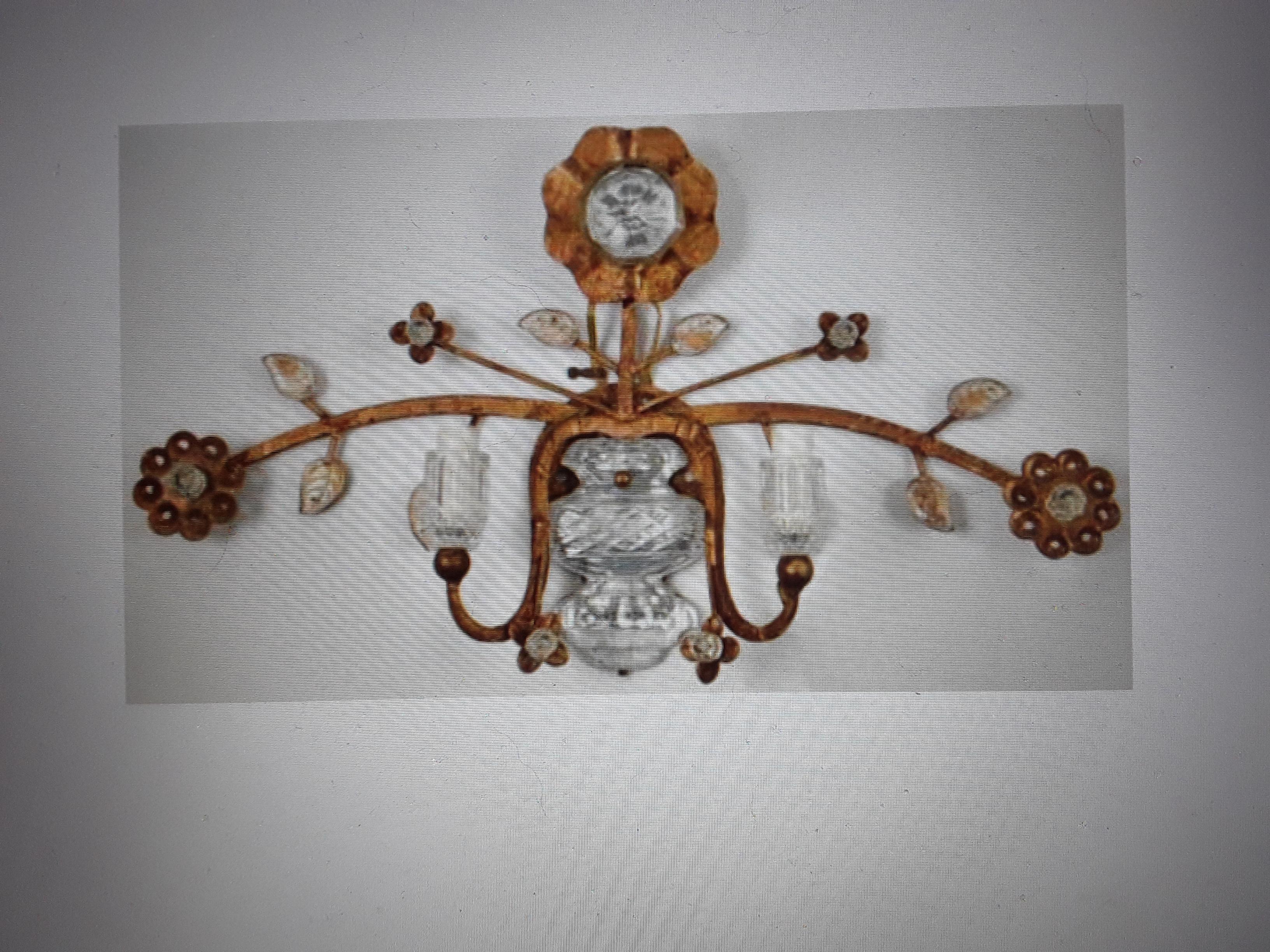 Pair 1950's Mid Century Modern Gilt Steel Wall Floral Sconces by Maison Bagues For Sale 1