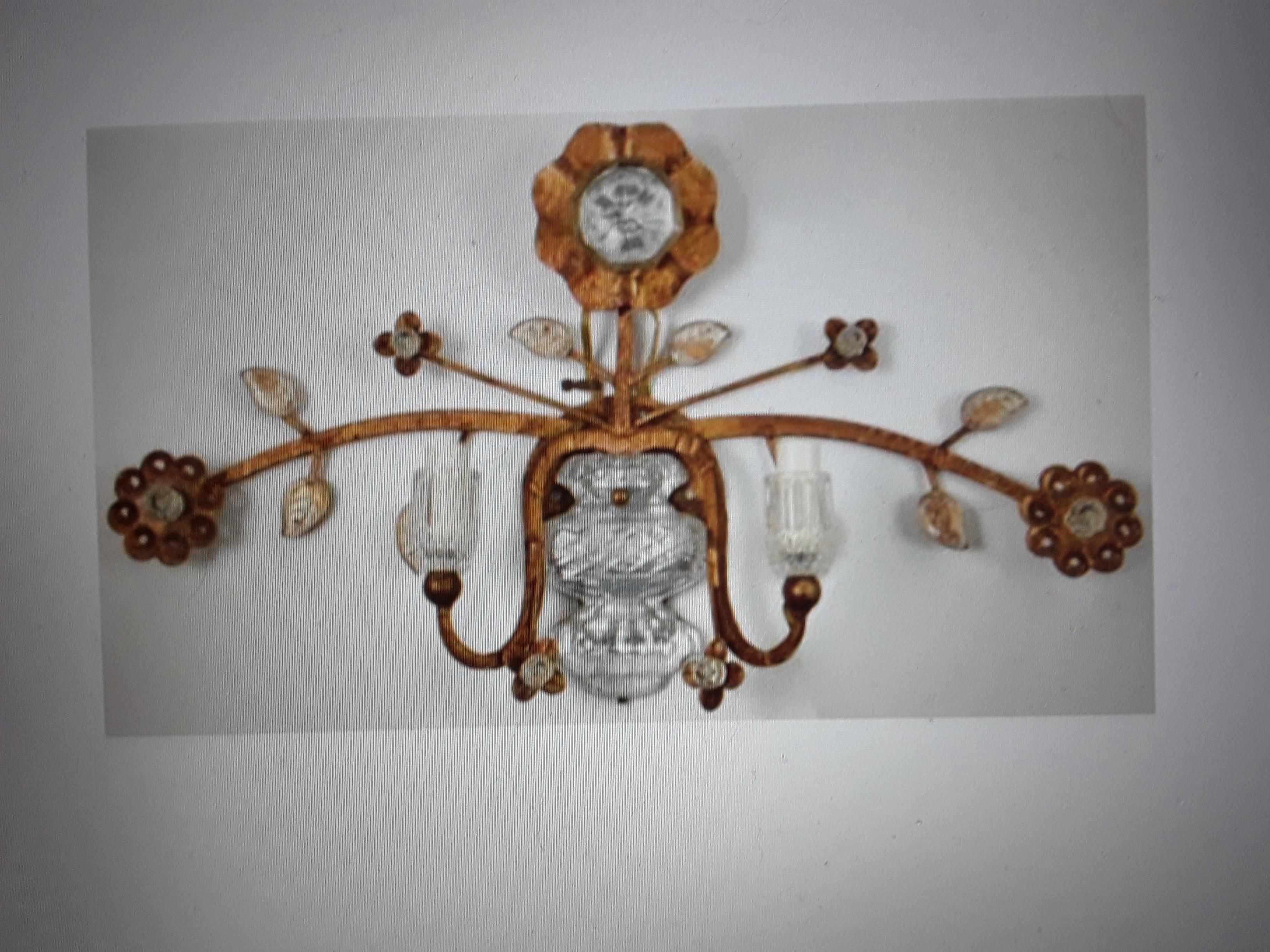 Pair 1950's Mid Century Modern Gilt Steel Wall Floral Sconces by Maison Bagues For Sale 2