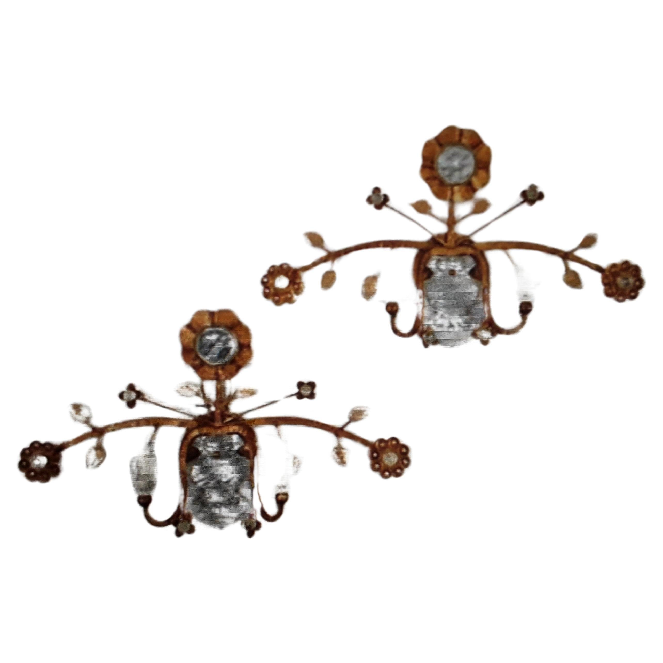 Pair 1950's Mid Century Modern Gilt Steel Wall Floral Sconces by Maison Bagues For Sale