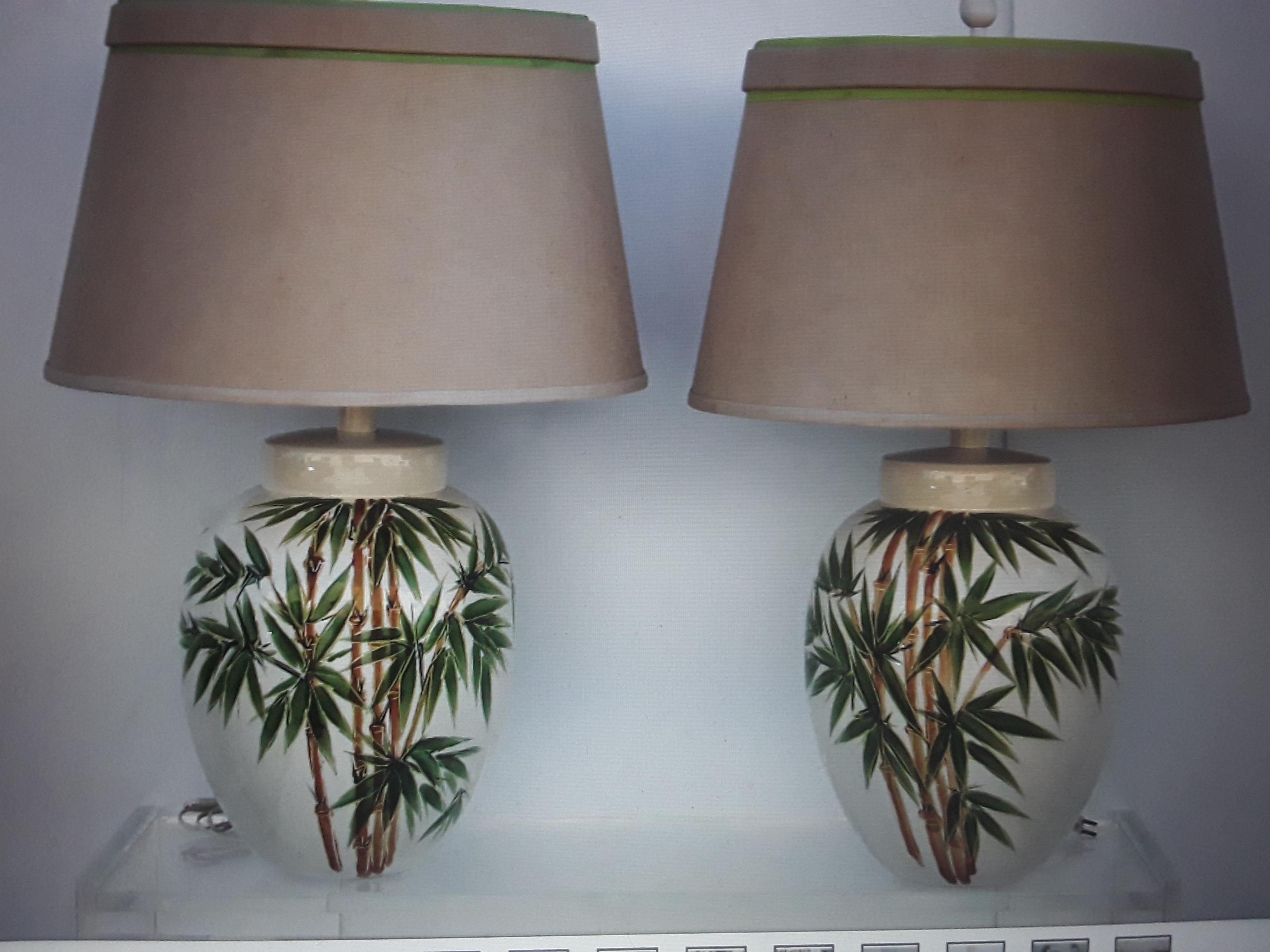 Pair 1950's Mid Century Modern Glazed Terra Cotta Enamlled Palm Trees Lamps For Sale 3