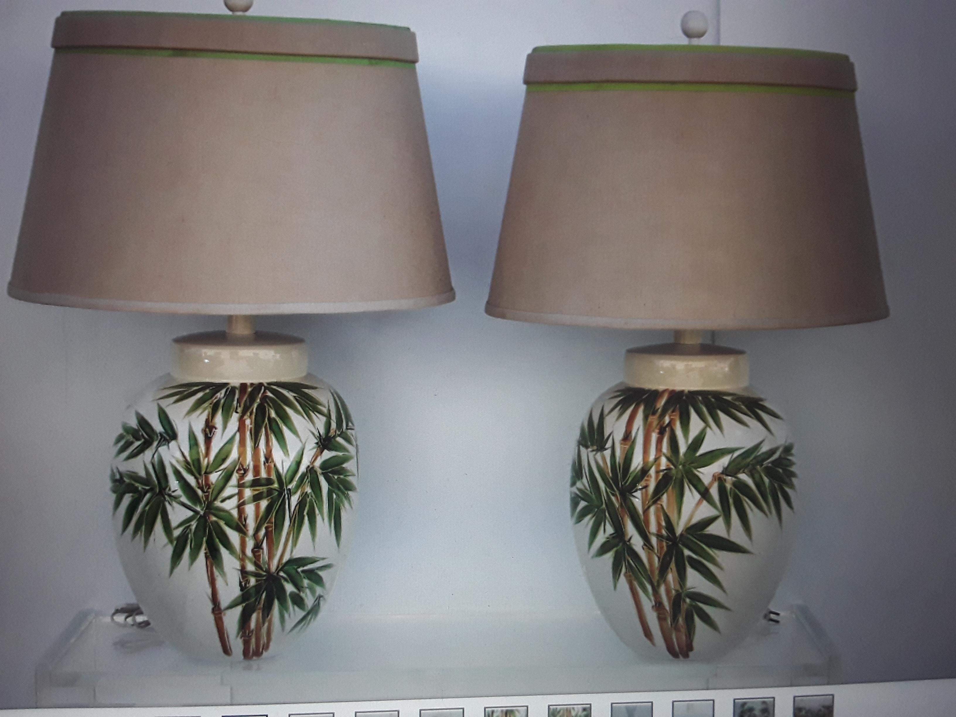 Pair 1950's Mid Century Modern Glazed Terra Cotta Enamlled Palm Trees Lamps For Sale 4