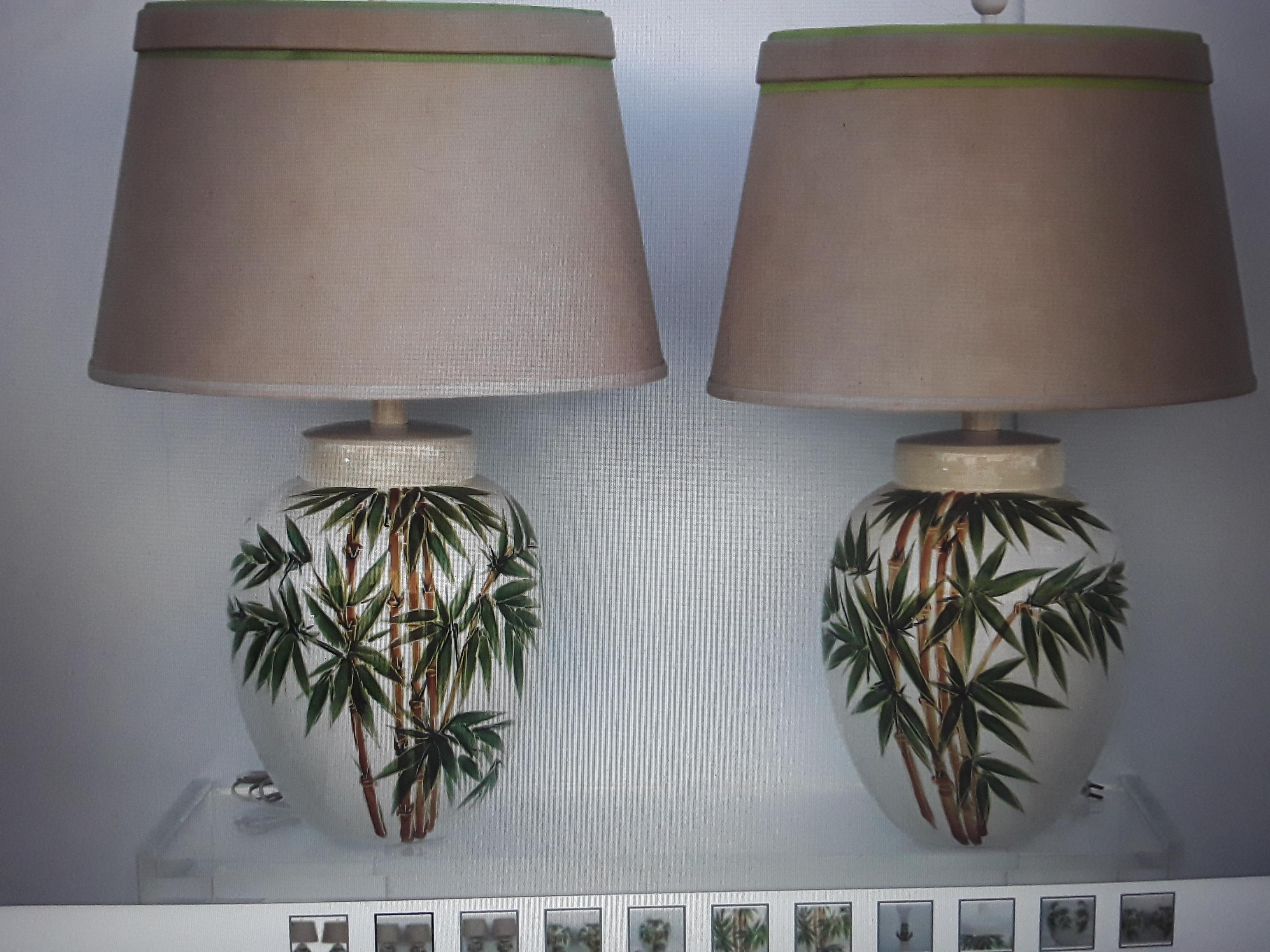 Pair 1950's Mid Century Modern Glazed Terra Cotta Enamlled Palm Trees Lamps For Sale 5