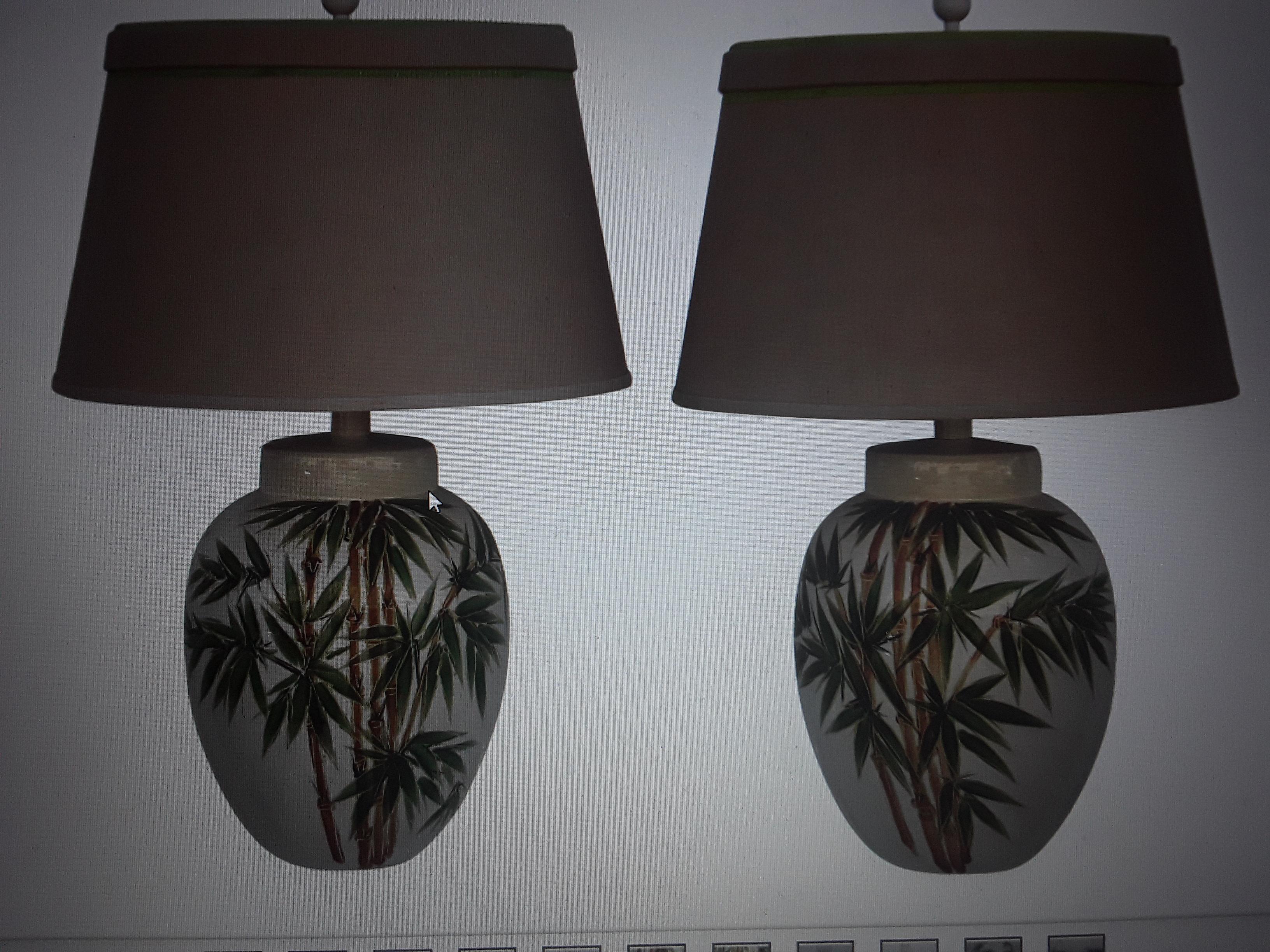 Pair 1950's Mid Century Modern Glazed Terra Cotta Enamlled Palm Trees Lamps For Sale 6