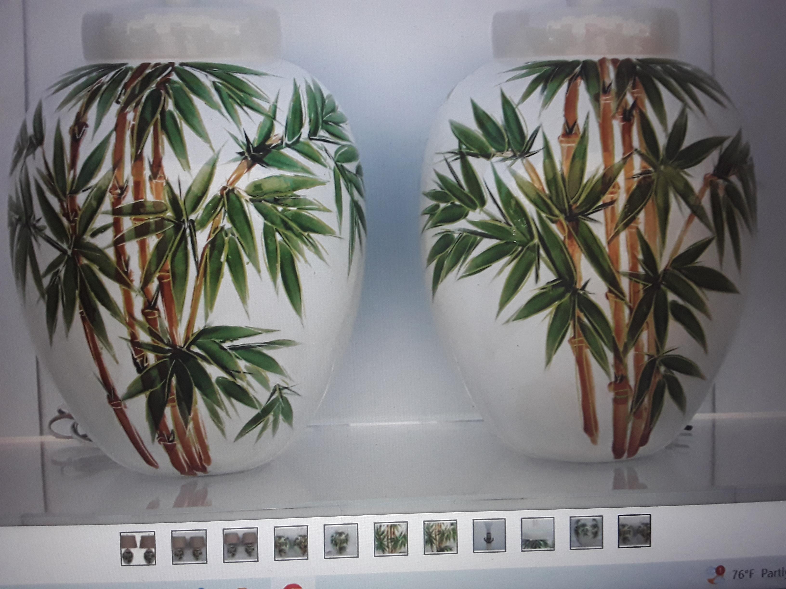 Pair Mid Century Modern Glazed Terra Cotta Table Lamps withPalm Tree Relief. These are beautiful!