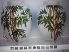 Pair 1950's Mid Century Modern Glazed Terra Cotta Enamlled Palm Trees Lamps