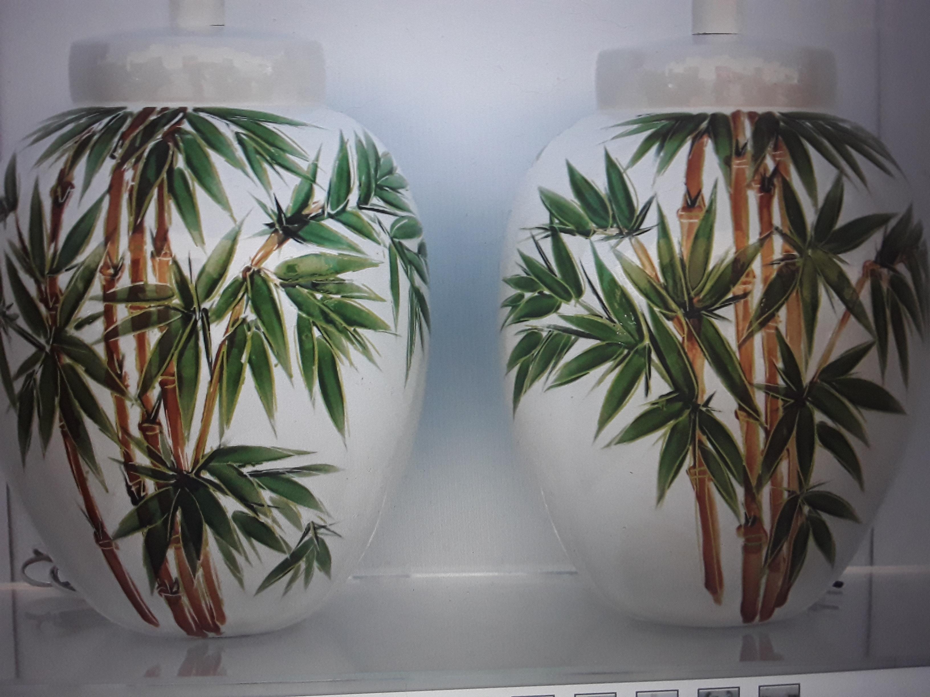 Pair 1950's Mid Century Modern Glazed Terra Cotta Enamlled Palm Trees Lamps For Sale 1