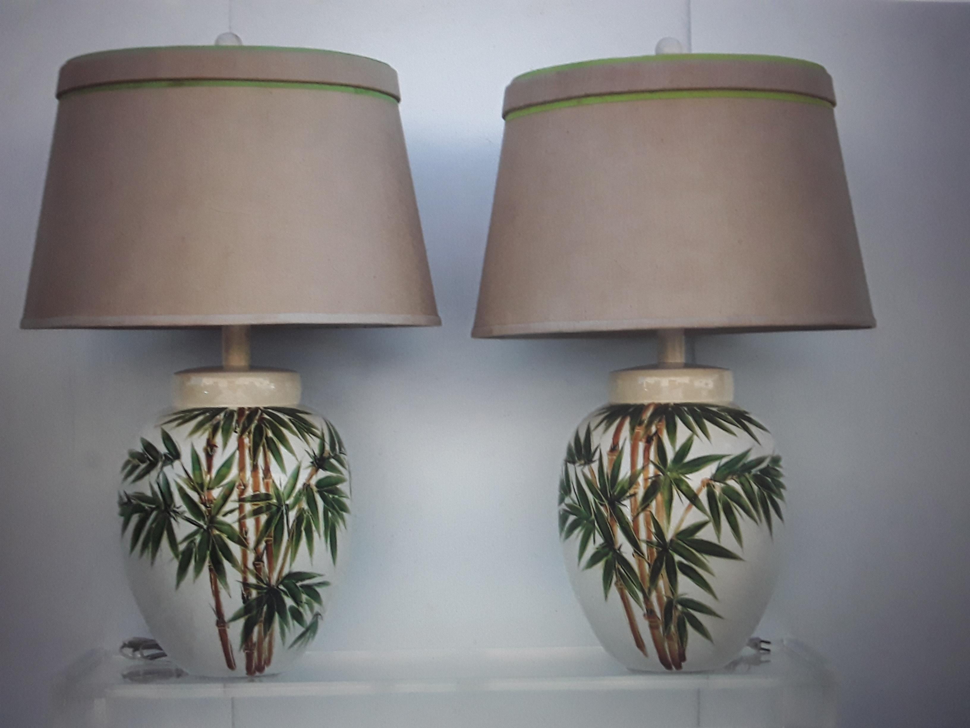 Pair 1950's Mid Century Modern Glazed Terra Cotta Enamlled Palm Trees Lamps For Sale 2