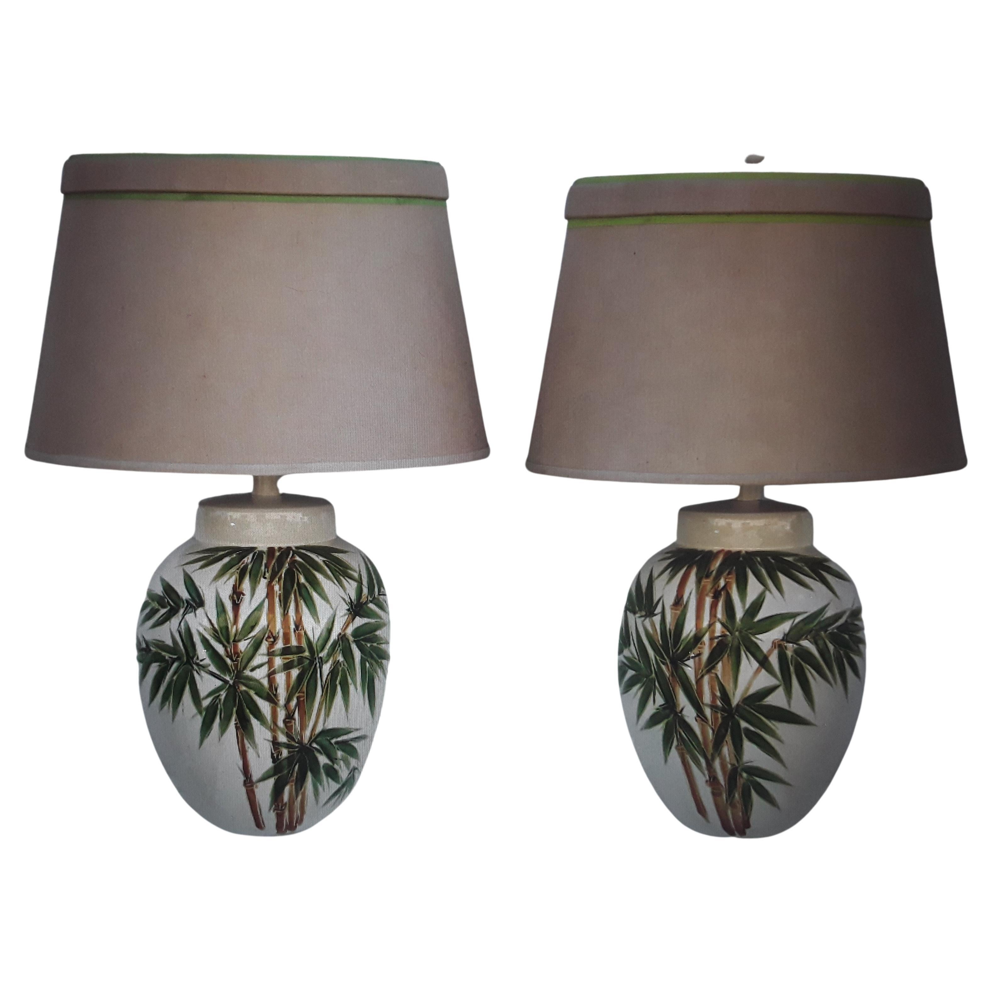 Pair 1950's Mid Century Modern Glazed Terra Cotta Enamlled Palm Trees Lamps