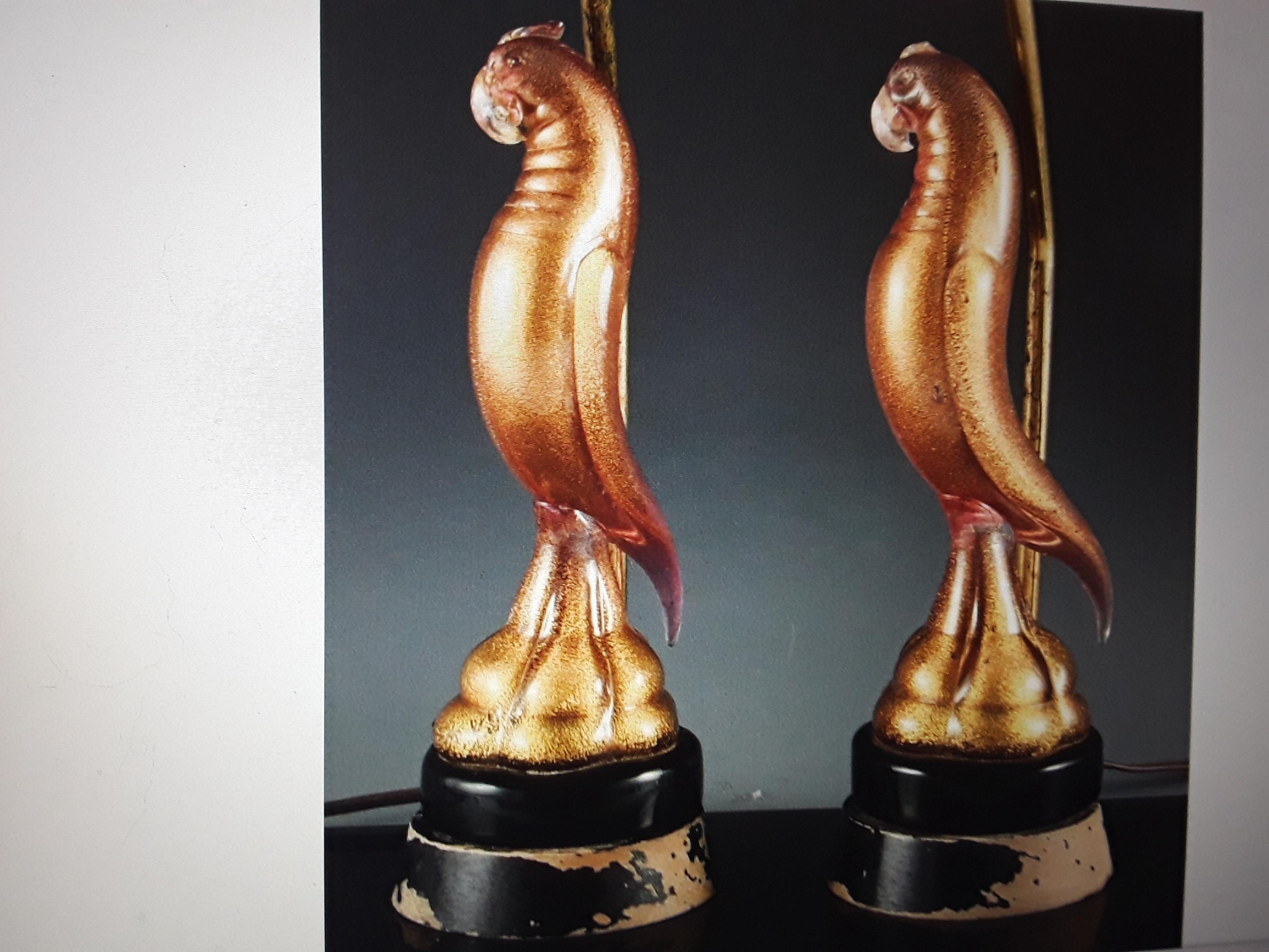 Pair 1950s Mid Century Modern Murano Pink w/ Gold Dust Figural Parrots- Barovier For Sale 6