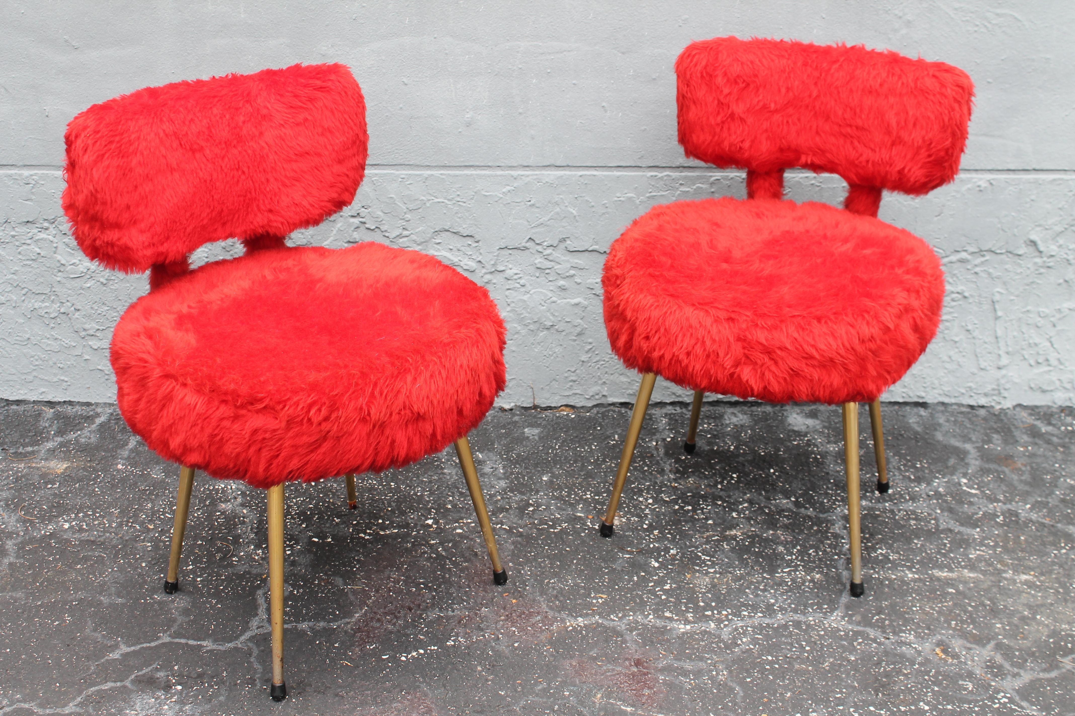 Pair of French Mid Century Modern Red Faux Fur Side Chairs. Metal legs. This pair is fun and they would fit in most styles.