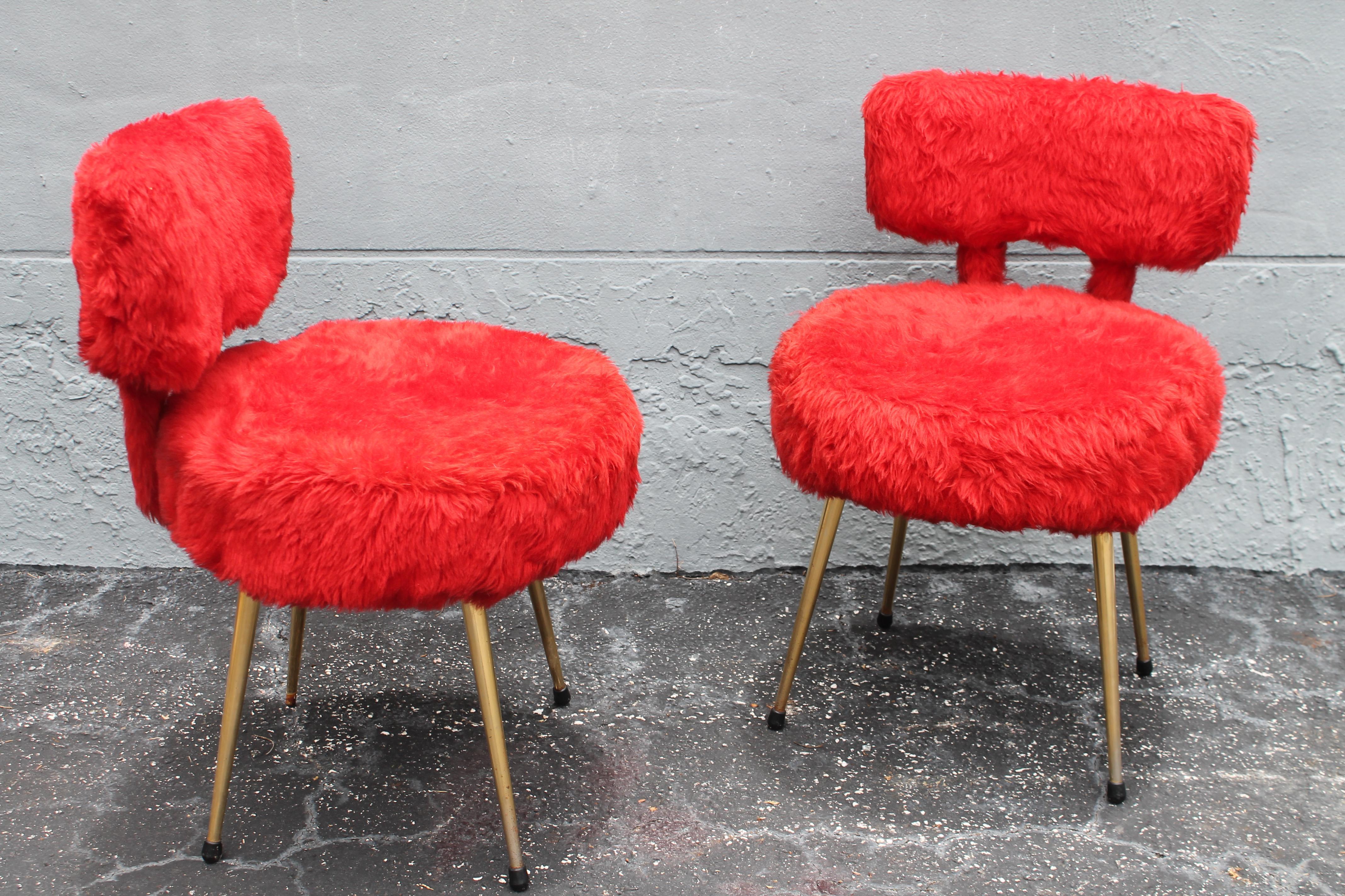 Pair 1950's Mid Century Modern Red Plush Faux Fur - George Jetsen  Look````````` In Good Condition For Sale In Opa Locka, FL