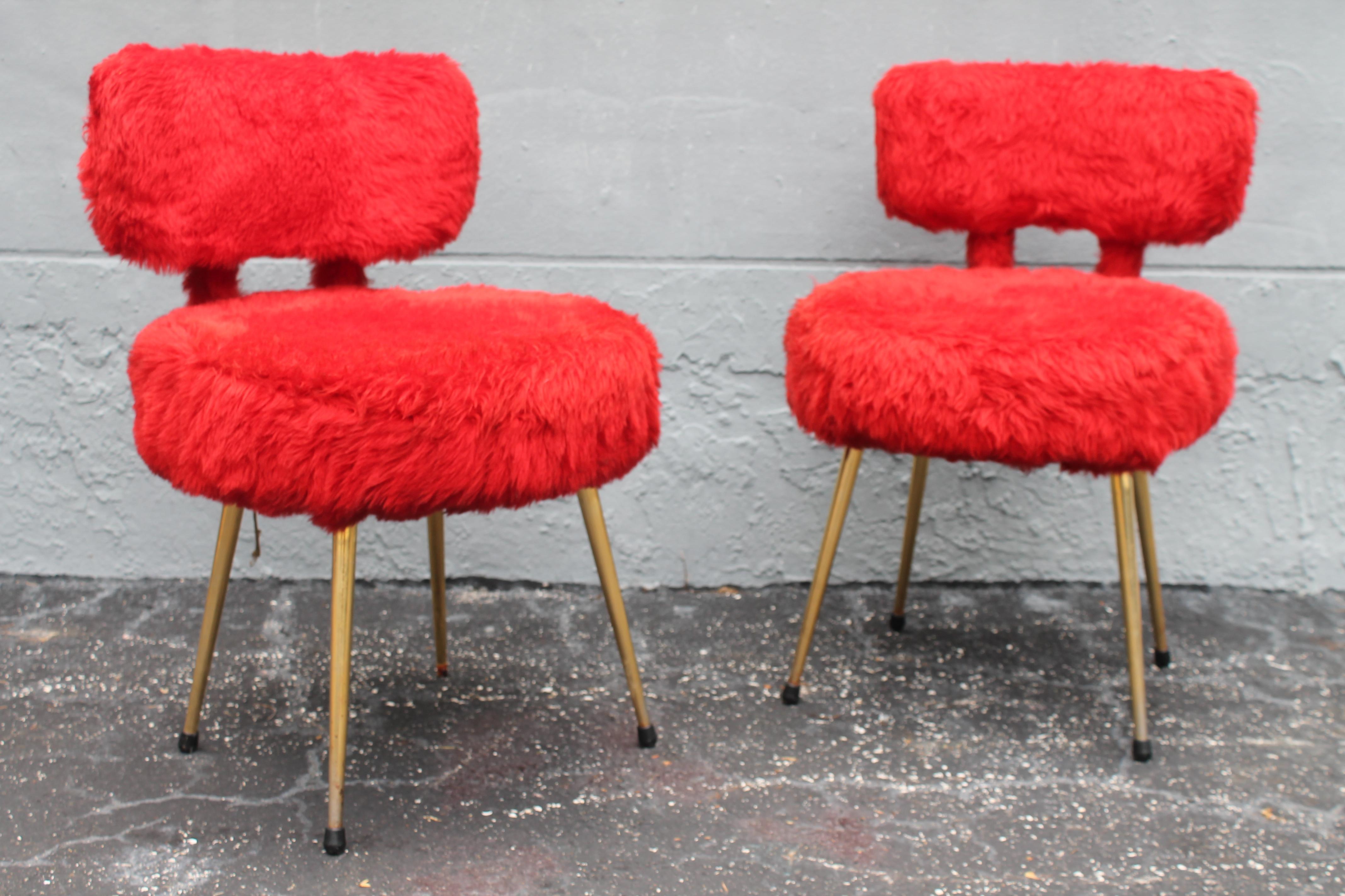 Pair 1950's Mid Century Modern Red Plush Faux Fur - George Jetsen  Look````````` For Sale 3