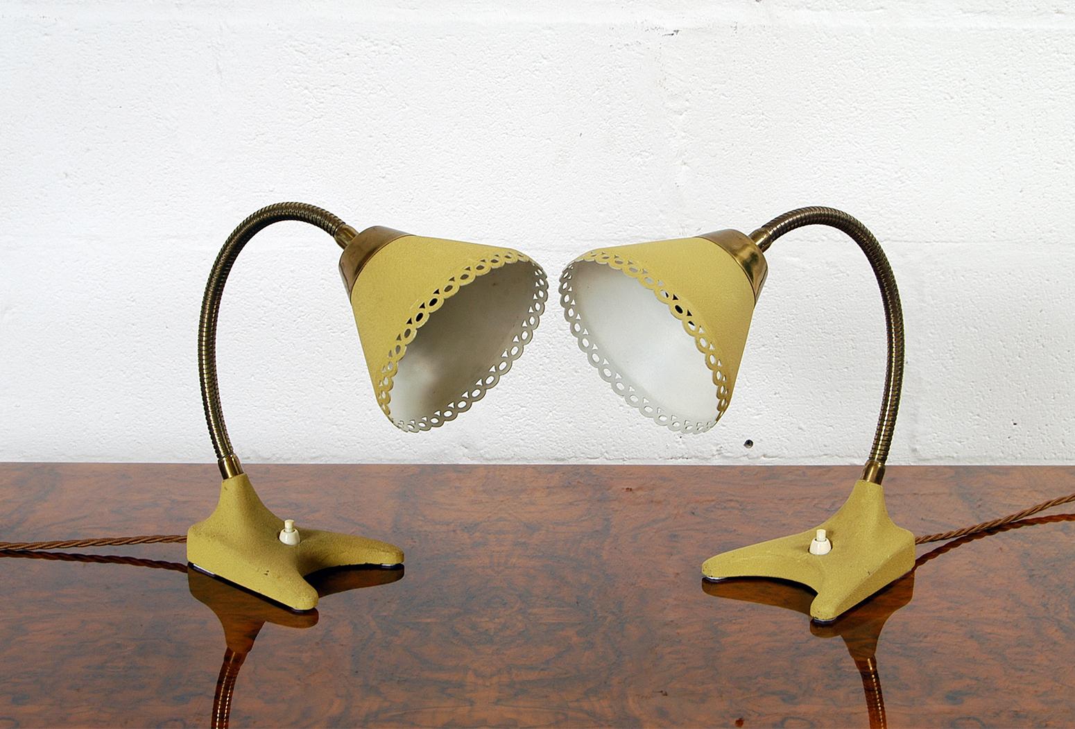 Mid-Century Modern Pair 50s Midcentury Yellow Crow Feet Swedish Table Bedside Lamps by EWA Varnarmo