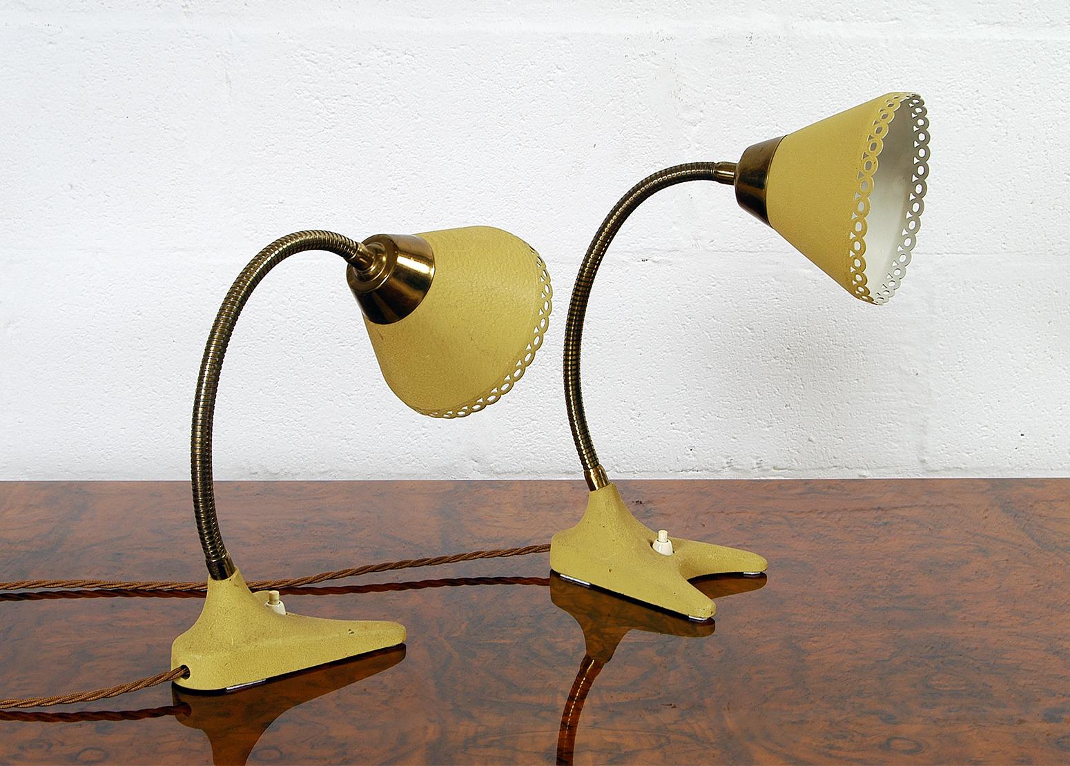 Metal Pair 50s Midcentury Yellow Crow Feet Swedish Table Bedside Lamps by EWA Varnarmo