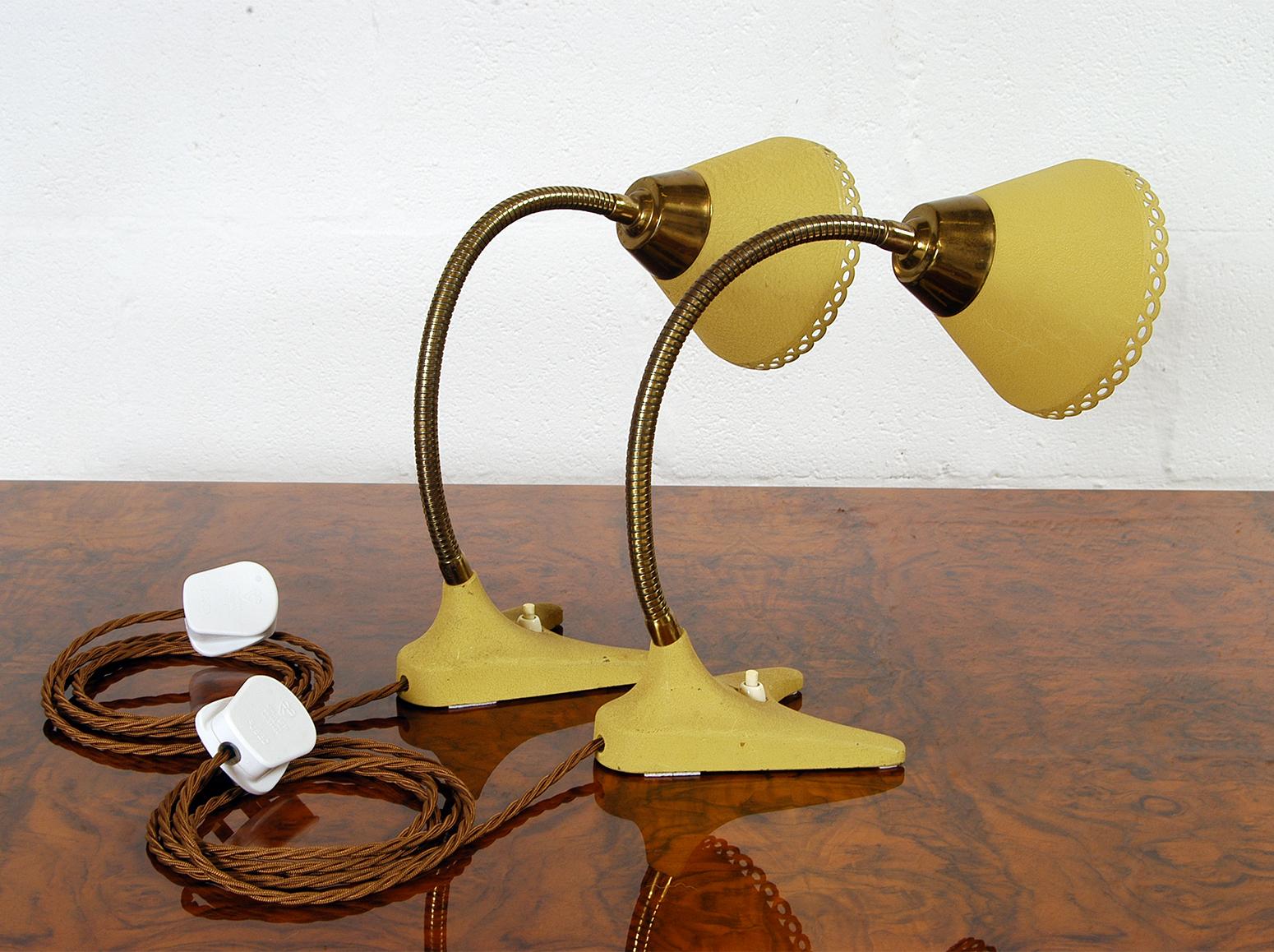 Pair 50s Midcentury Yellow Crow Feet Swedish Table Bedside Lamps by EWA Varnarmo 3