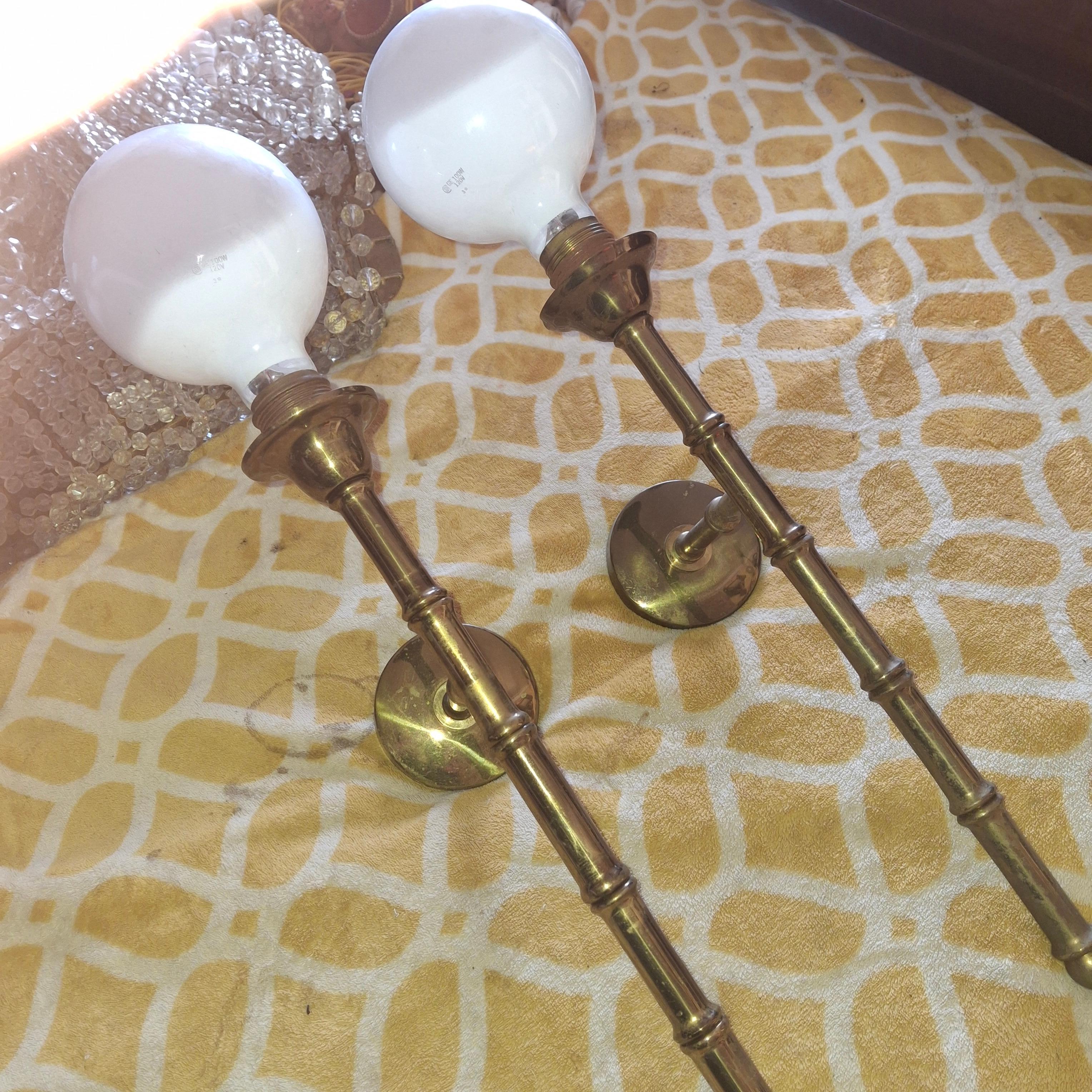 Pair 1950s Mid Century Tall Bronze Bamboo Wall Sconces by Maison Bagues France For Sale 5